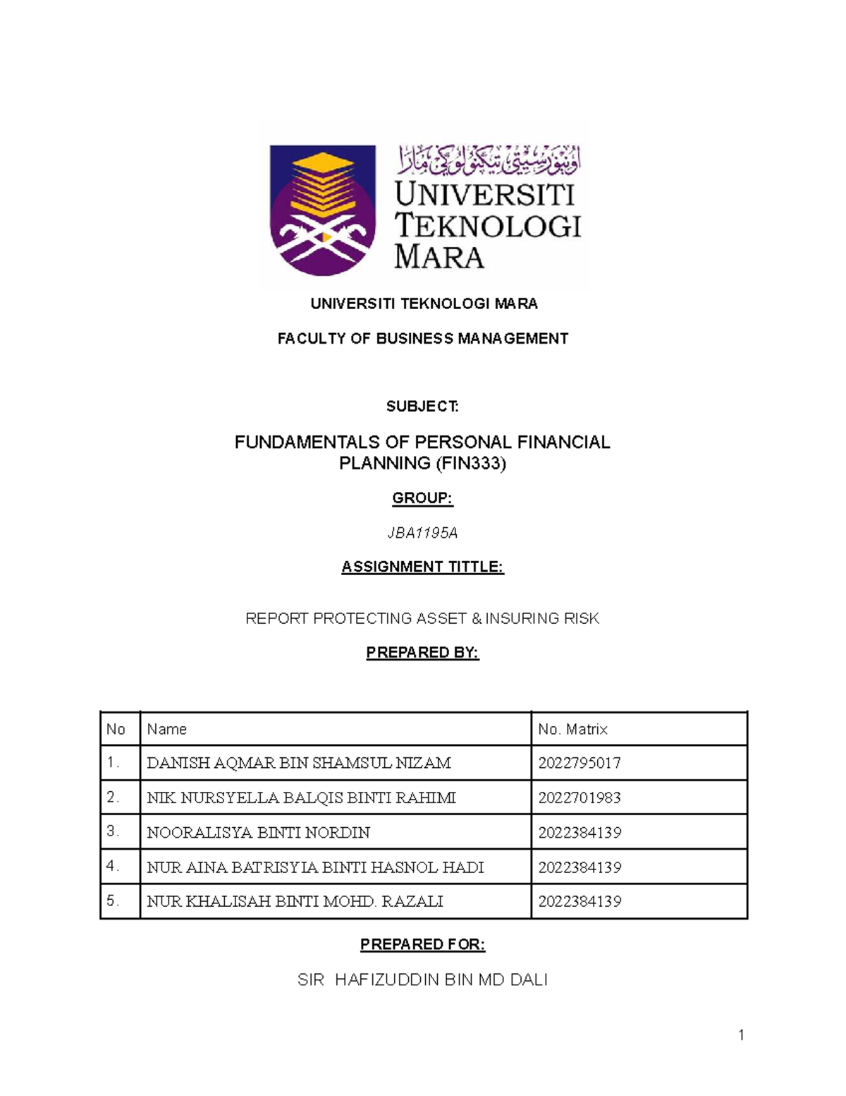 FIN333 Assignment Report: Protecting Assets & Insuring Risks - Studocu