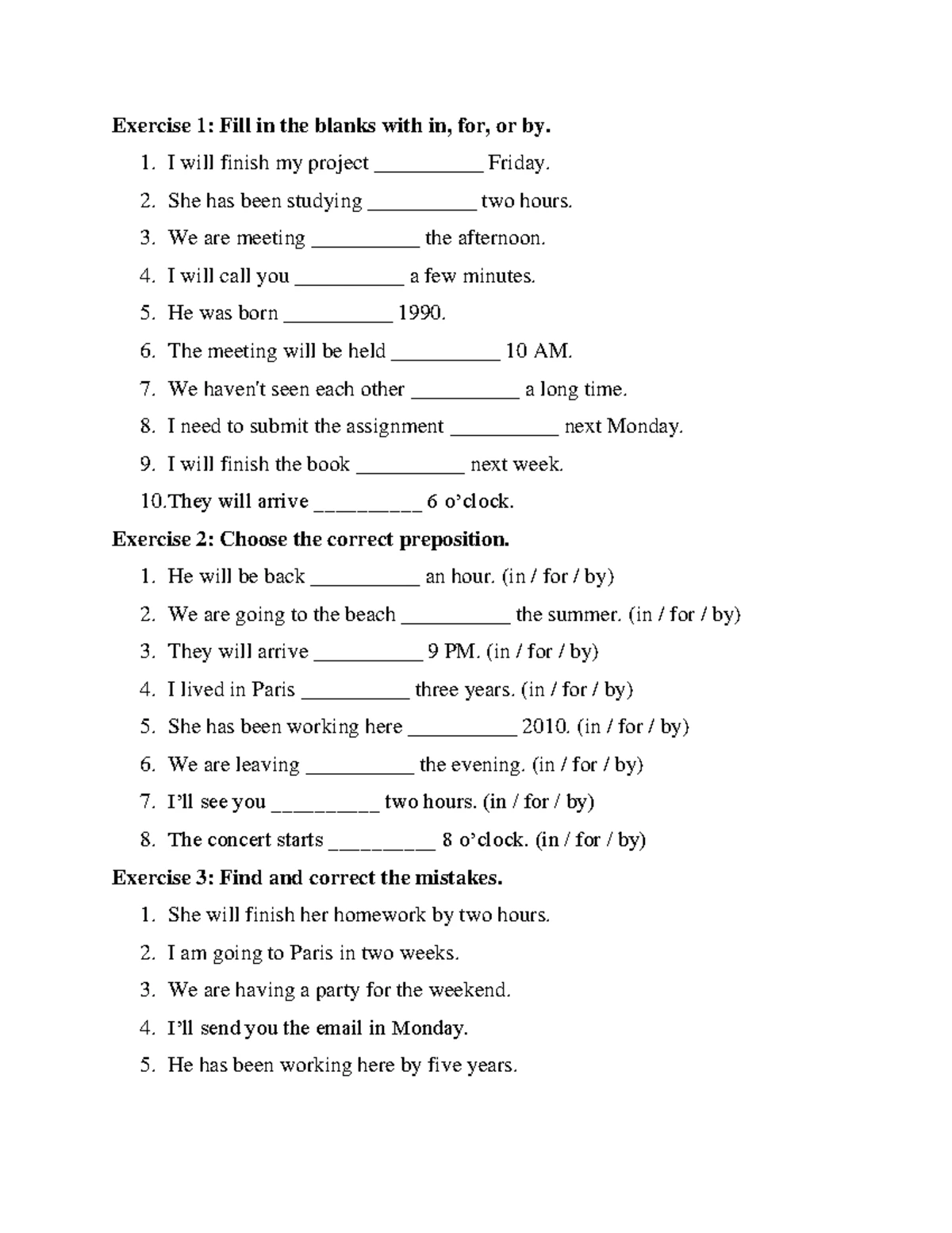 Practice Exercises: Prepositions 'in', 'for', 'by' - English Skills ...