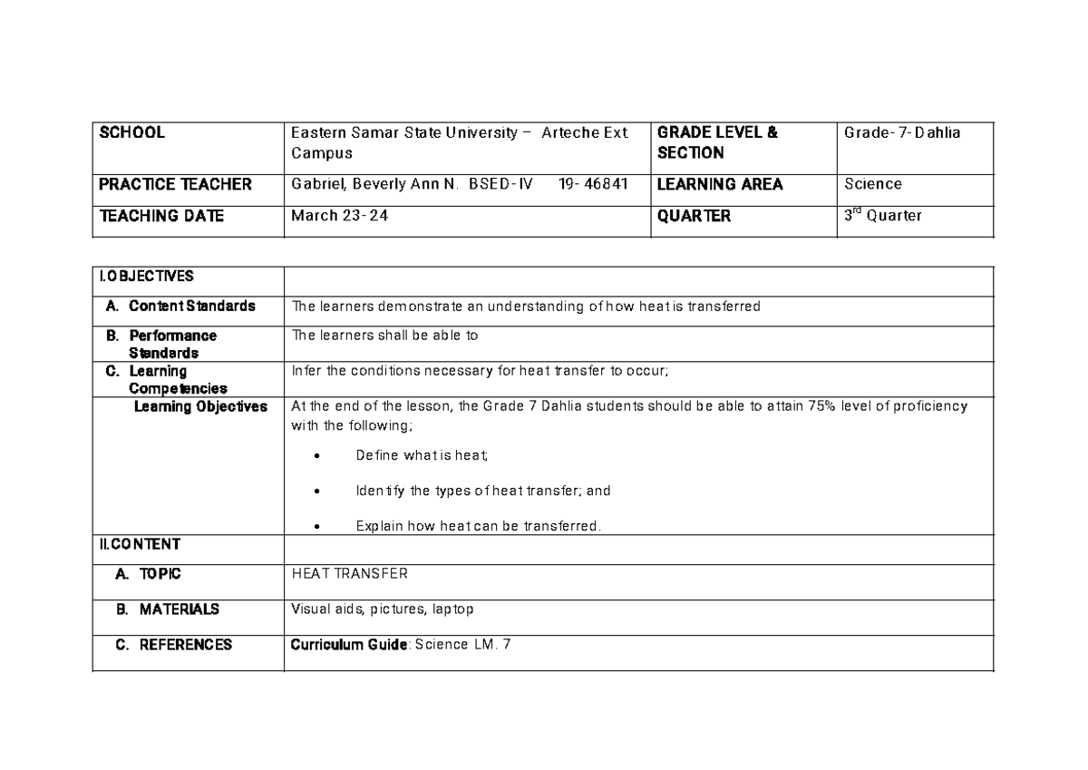 DLP HEAT Transfer - Grade 7 Lesson Plan (March 23-24) - Studocu