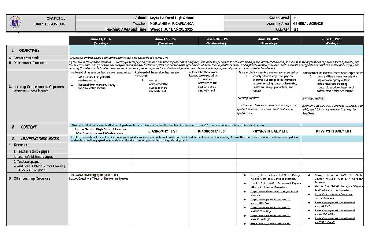 GS-Q1-W1 - Daily Lesson Log for General Science Activities - Studocu