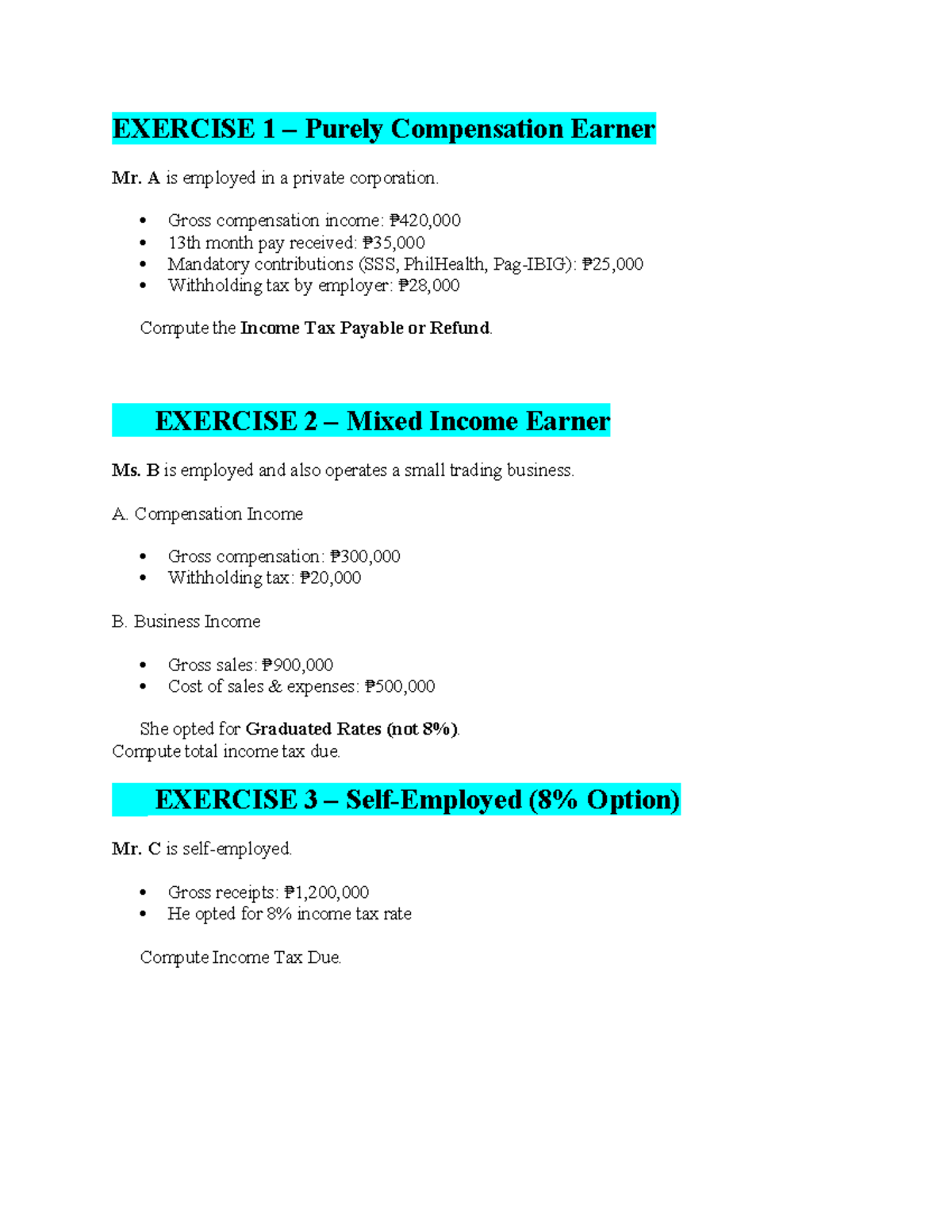 Individual-Taxpayers-exercises - EXERCISE 1 – Purely Compensation ...