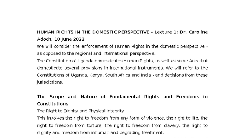 HUMAN RIGHTS IN THE DOMESTIC PERSPECTIVE: Lecture 1 Notes (HR 101 ...