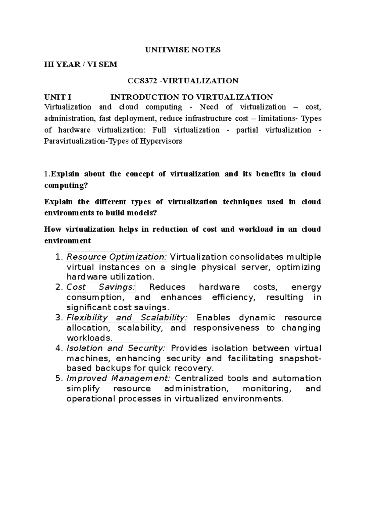 CCS372 - Virtualization Unitwise Study Notes for III Year VI Sem - Studocu