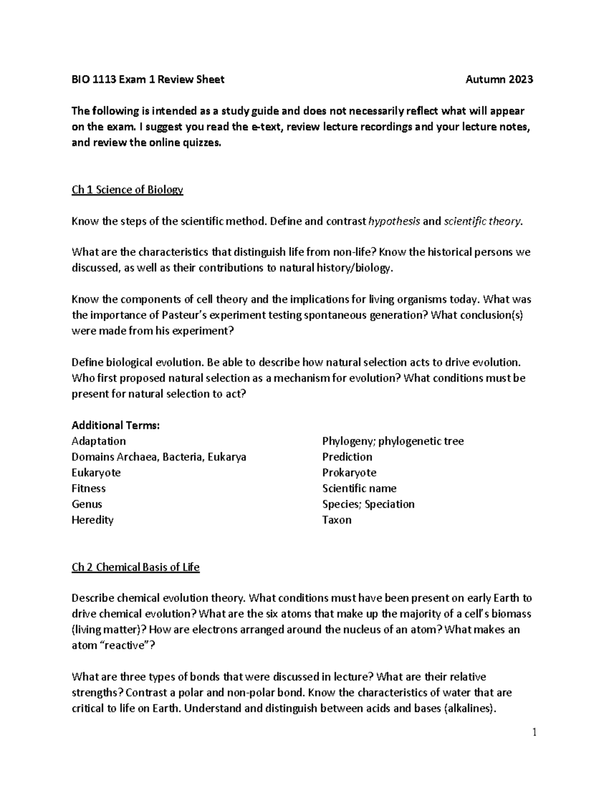 BIO 1113 Exam 1 Study Guide - Autumn 2023 - Studocu