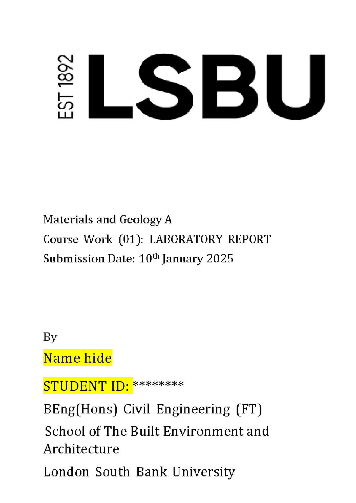 Lab Report Assignment - good - Materials and Geology A Course Work (01 ...