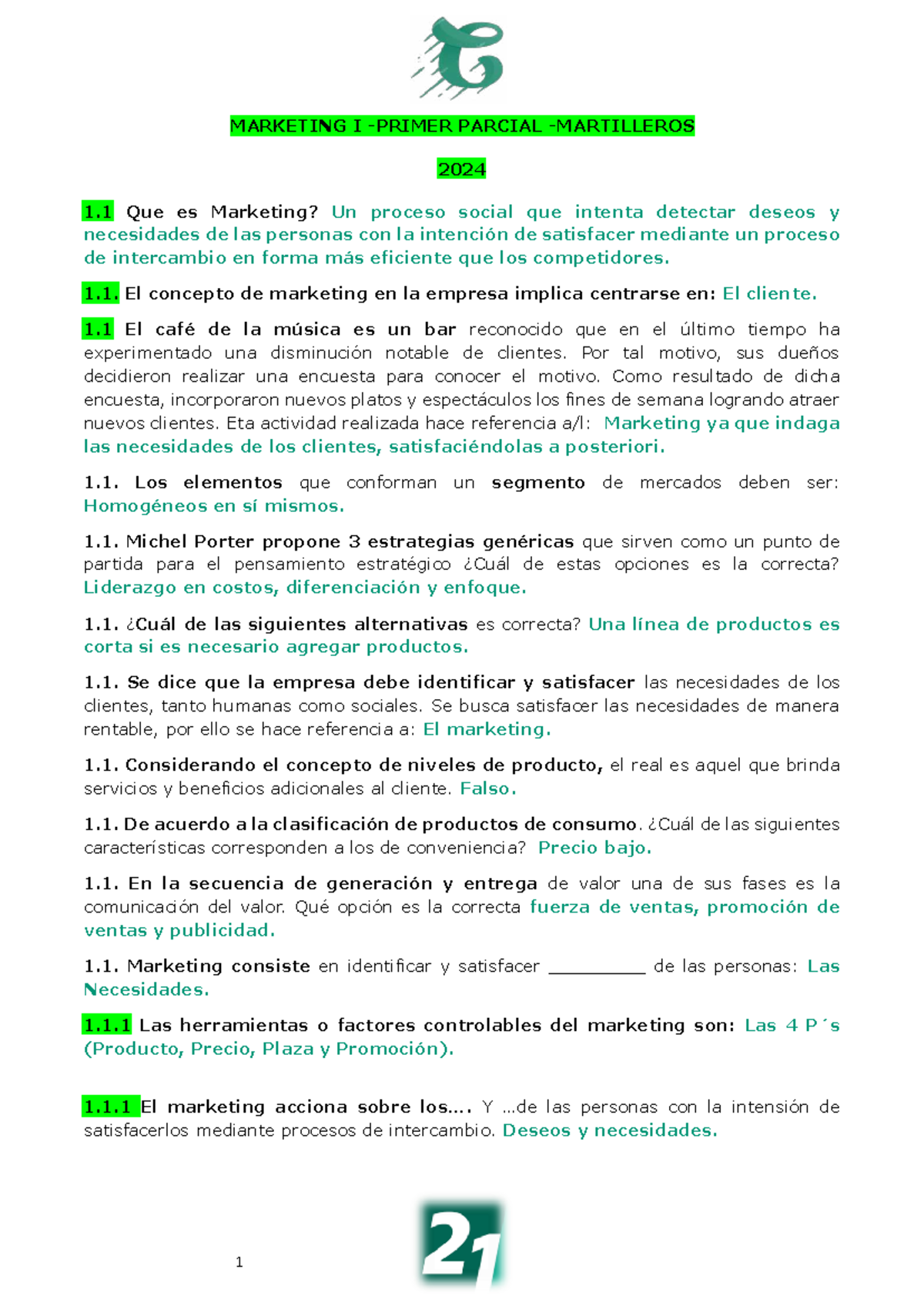 Marketing I Primer Parcial - CLAU-24: Conceptos y Estrategias Clave ...