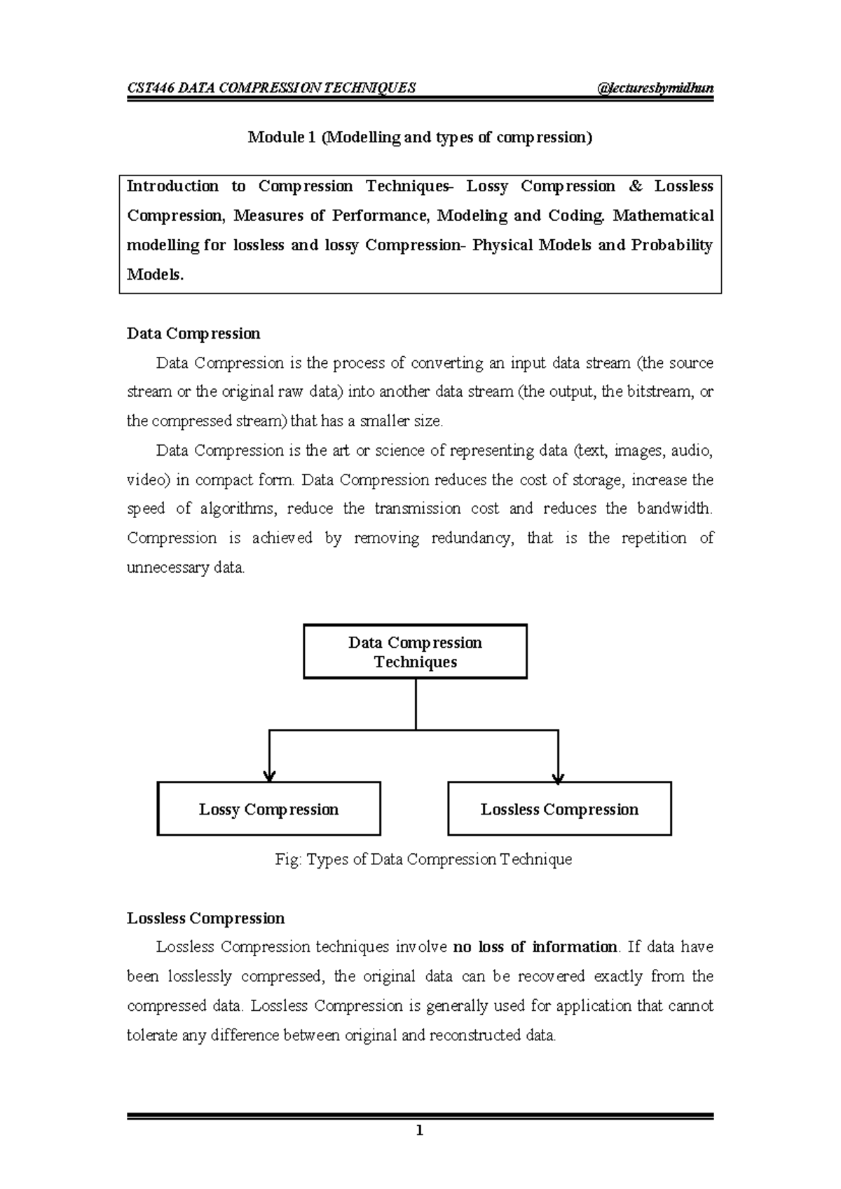 CST446 Data Compression Techniques: Module 1 Overview and Key Concepts ...