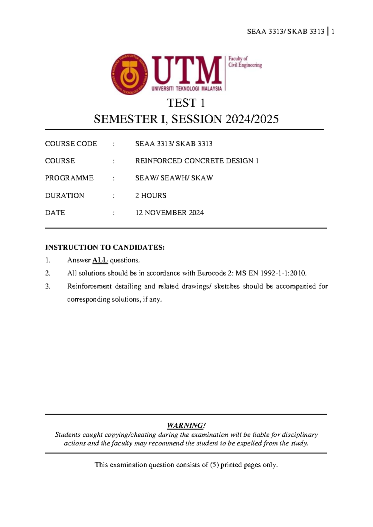 SEAA SKAB 3313 Test 1: Reinforced Concrete Design Fundamentals - Studocu