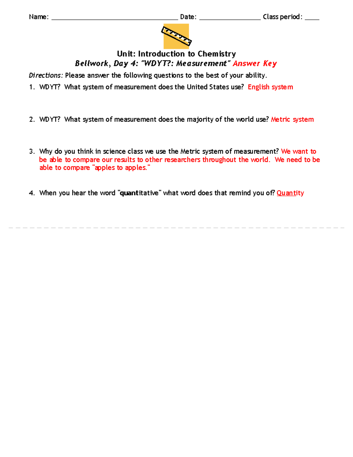 Bellwork- Wdytmeasurement- Answerkey - Name ...