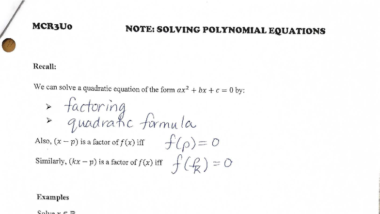 MCR3U0 Final Exam Notes: Solving Polynomial Equations - Studocu