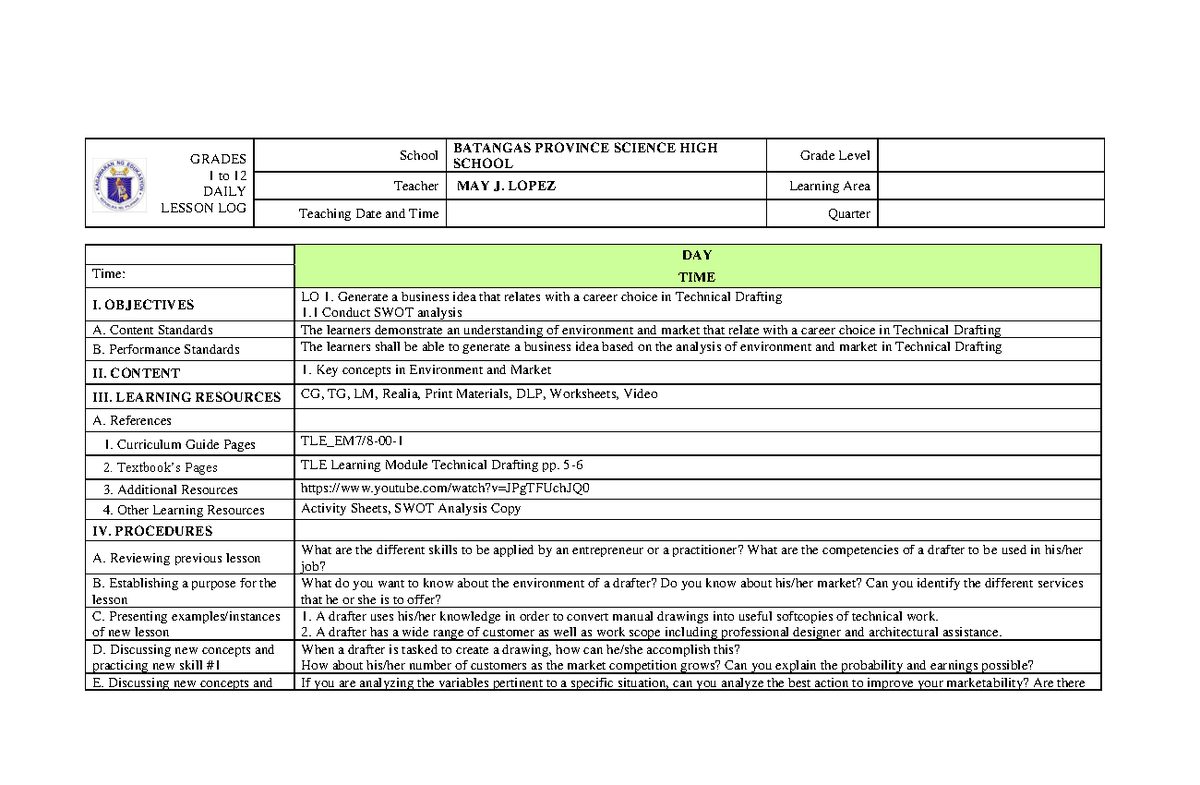DLL Technical Drafting Lesson Log: Business Ideas & Market Analysis ...