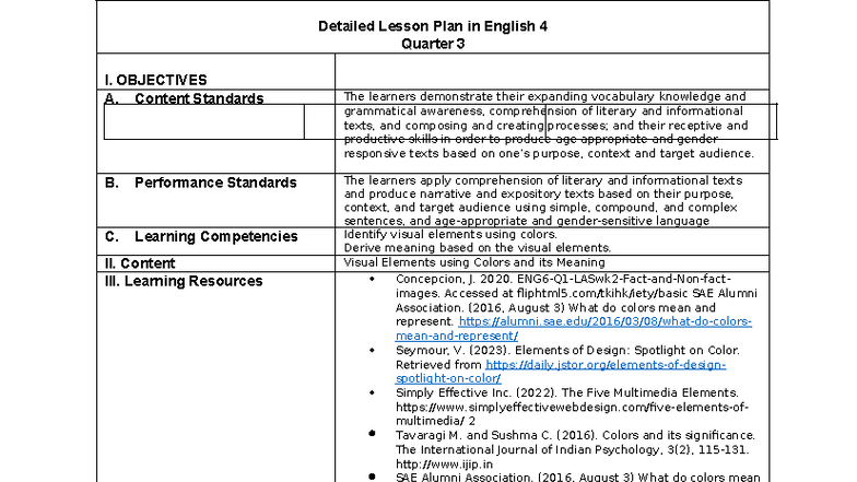 DLP English 4 Q3 - Lesson Plan on Visual Elements and Colors - Studocu