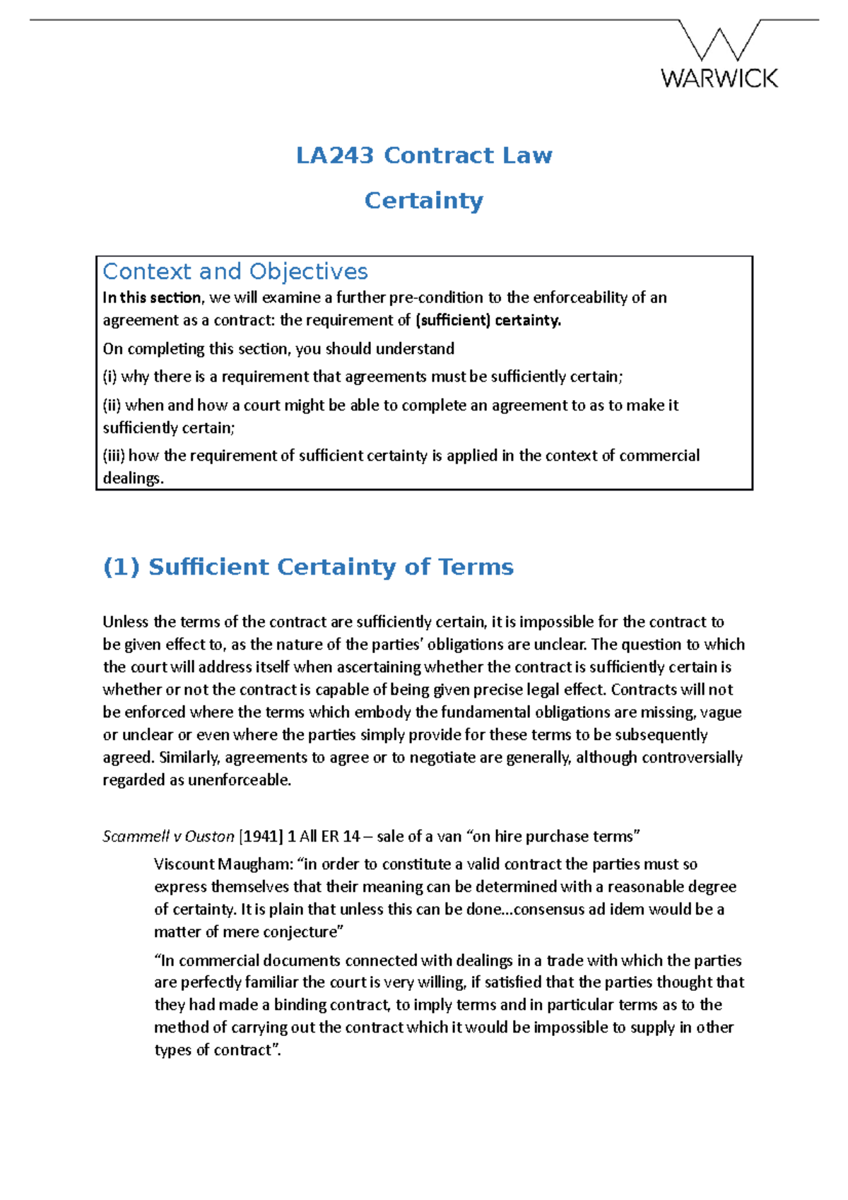 La243 Contract Law Lecture Understanding Certainty Of Terms Studocu