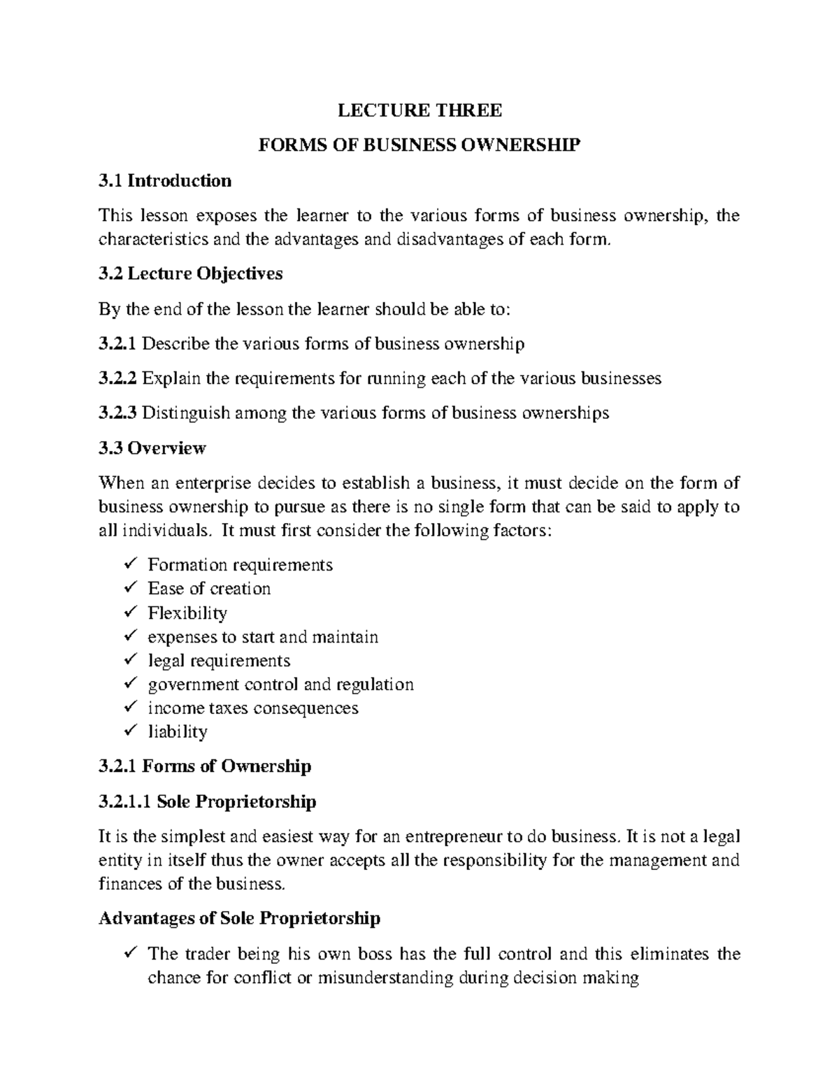 Forms of Business Ownership: Lecture Notes Overview - Studocu