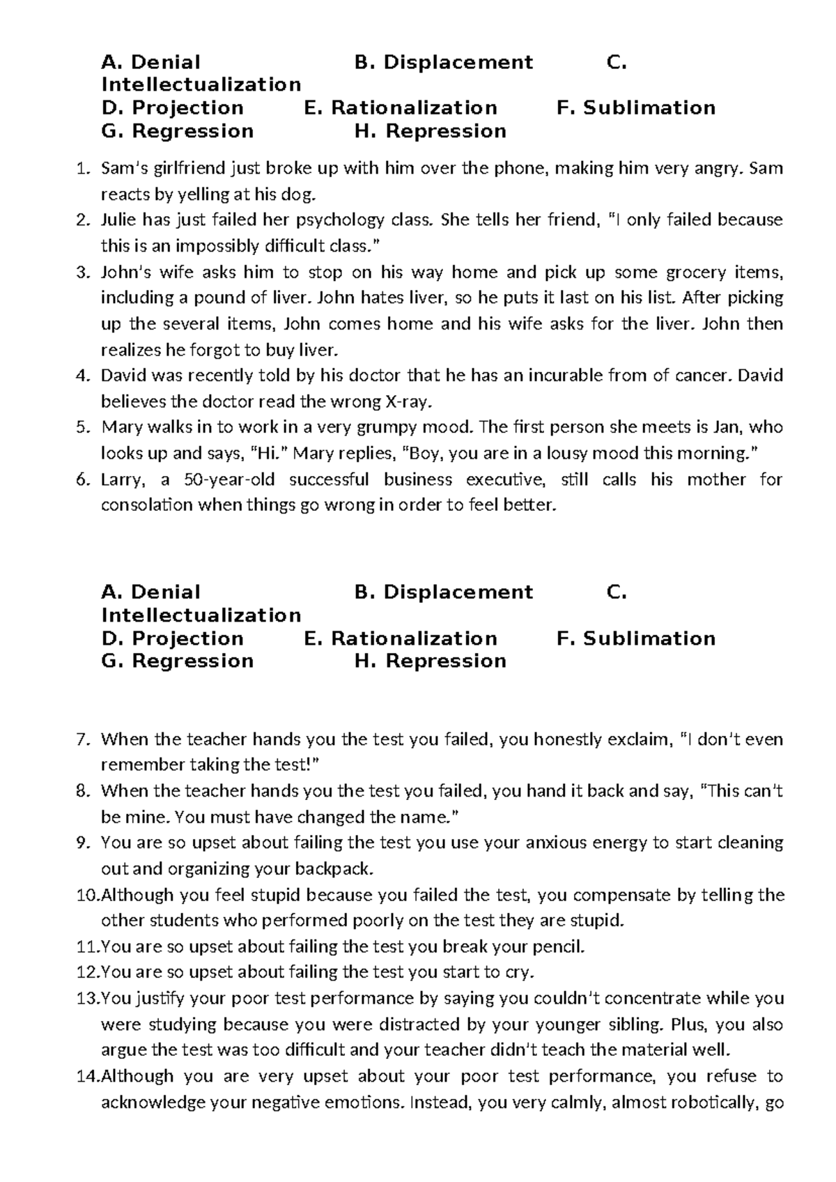 Defense Mechanisms Activity for HUMSS Class - Analyzing Responses - Studocu
