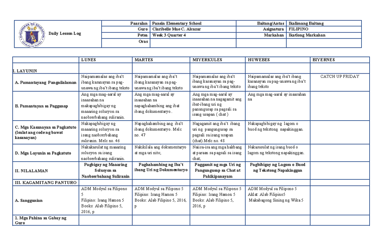 WEEK 3-FILIPINO 5 DLL Q4: Daily Lesson Log & Learning Objectives - Studocu