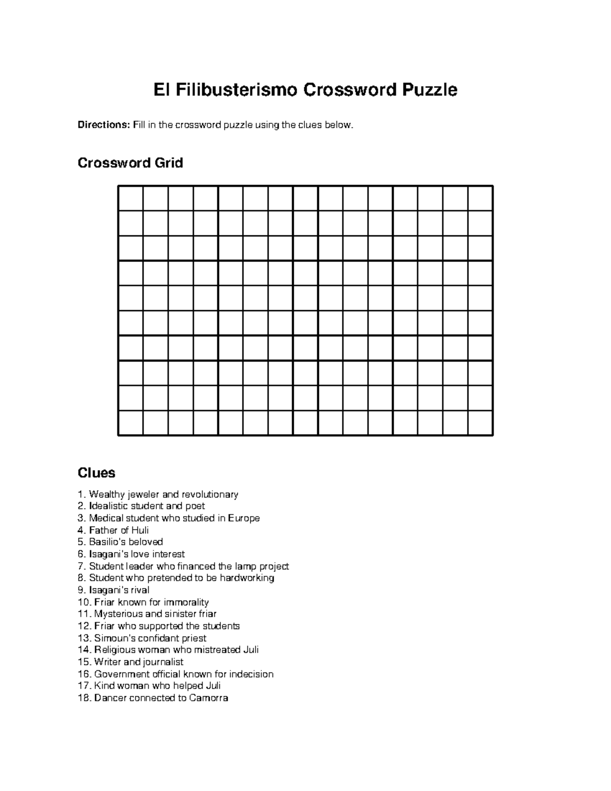 El Filibusterismo Crossword Puzzle Instructions and Clues - Studocu