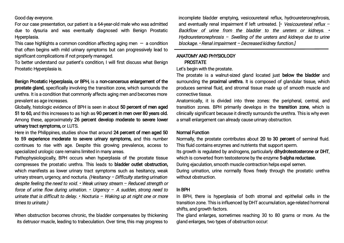 Case Presentation: Benign Prostatic Hyperplasia (BPH) Overview - Studocu