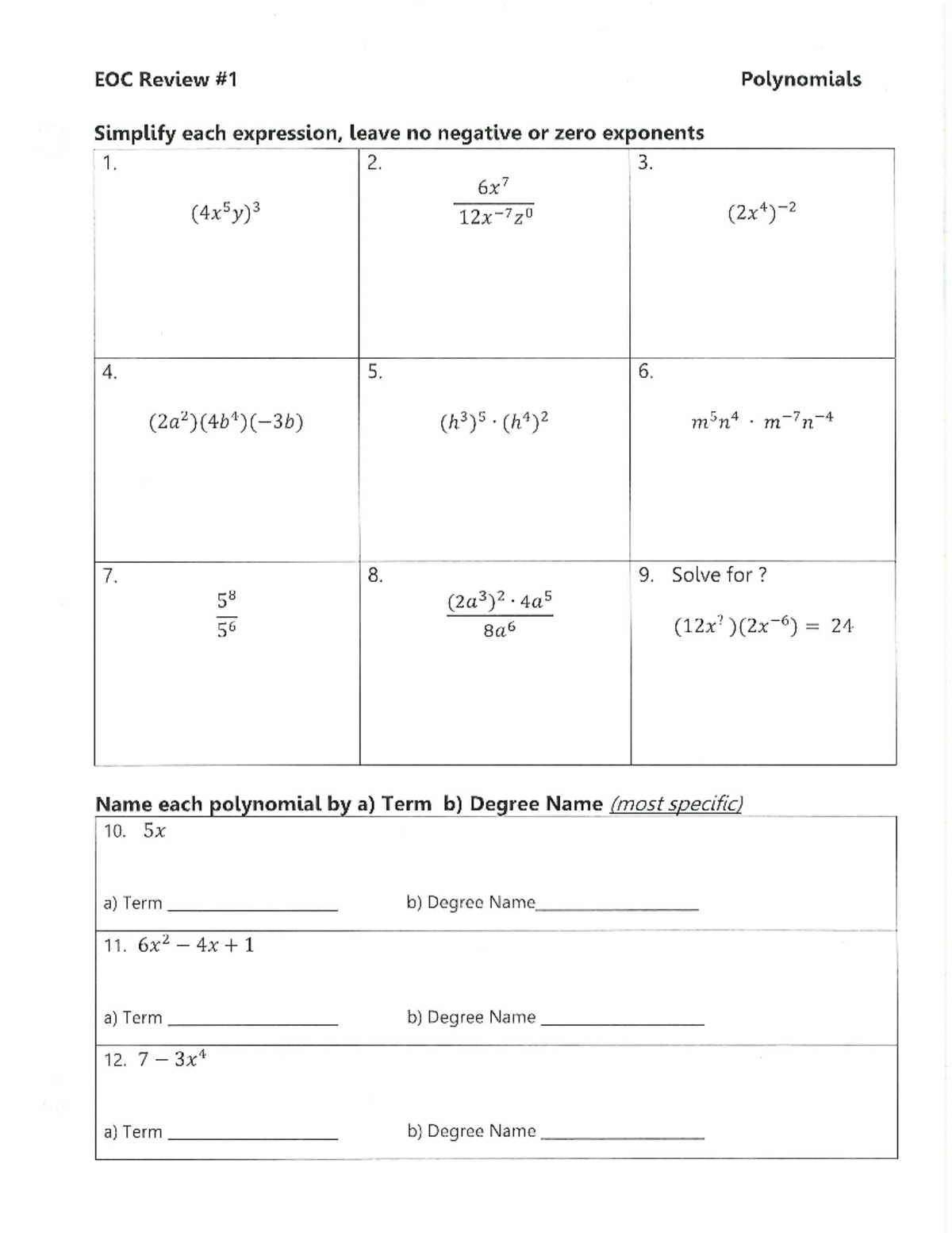 EOC 1-3 - helps with the final - EOC Review Polynomials Simplify each ...