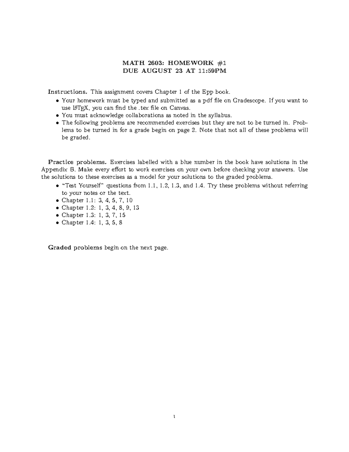 Math2603F24hw1 - homework practice - MATH 2603: HOMEWORK DUE AUGUST 23 ...