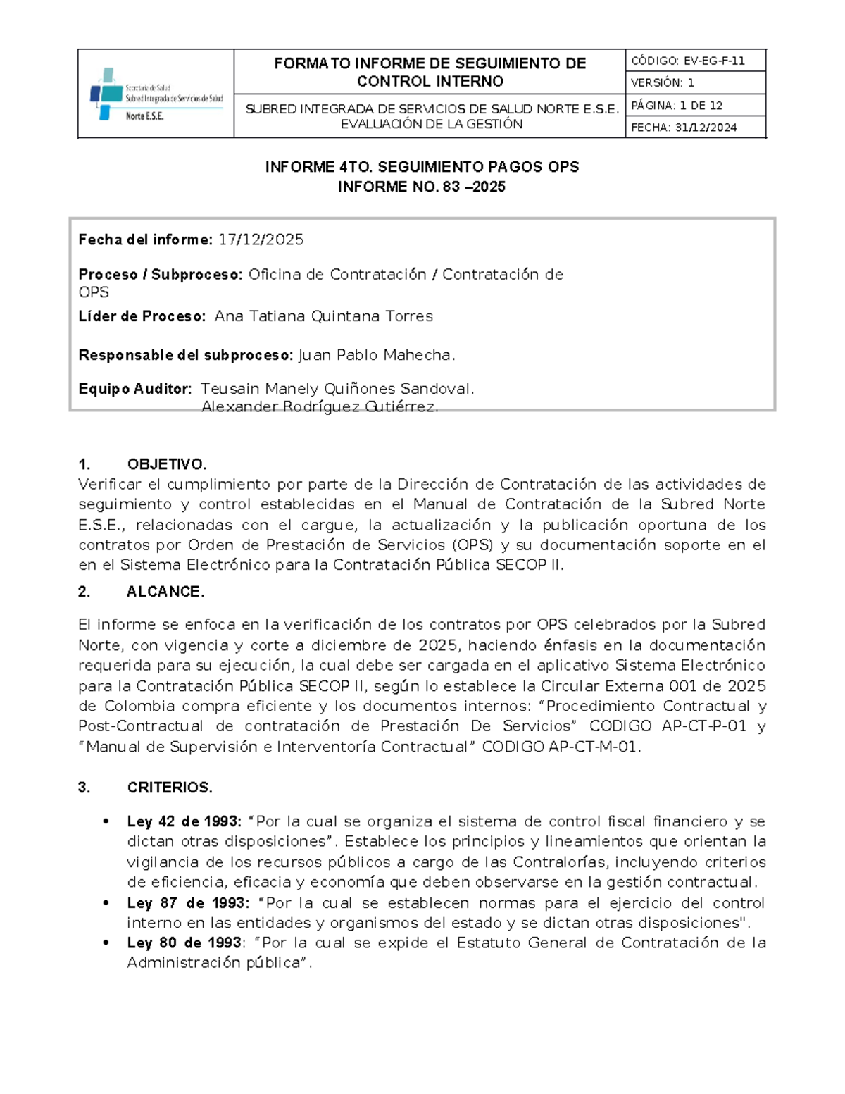 Informe de Seguimiento de Control Interno OPS - Subred Norte E.S.E ...