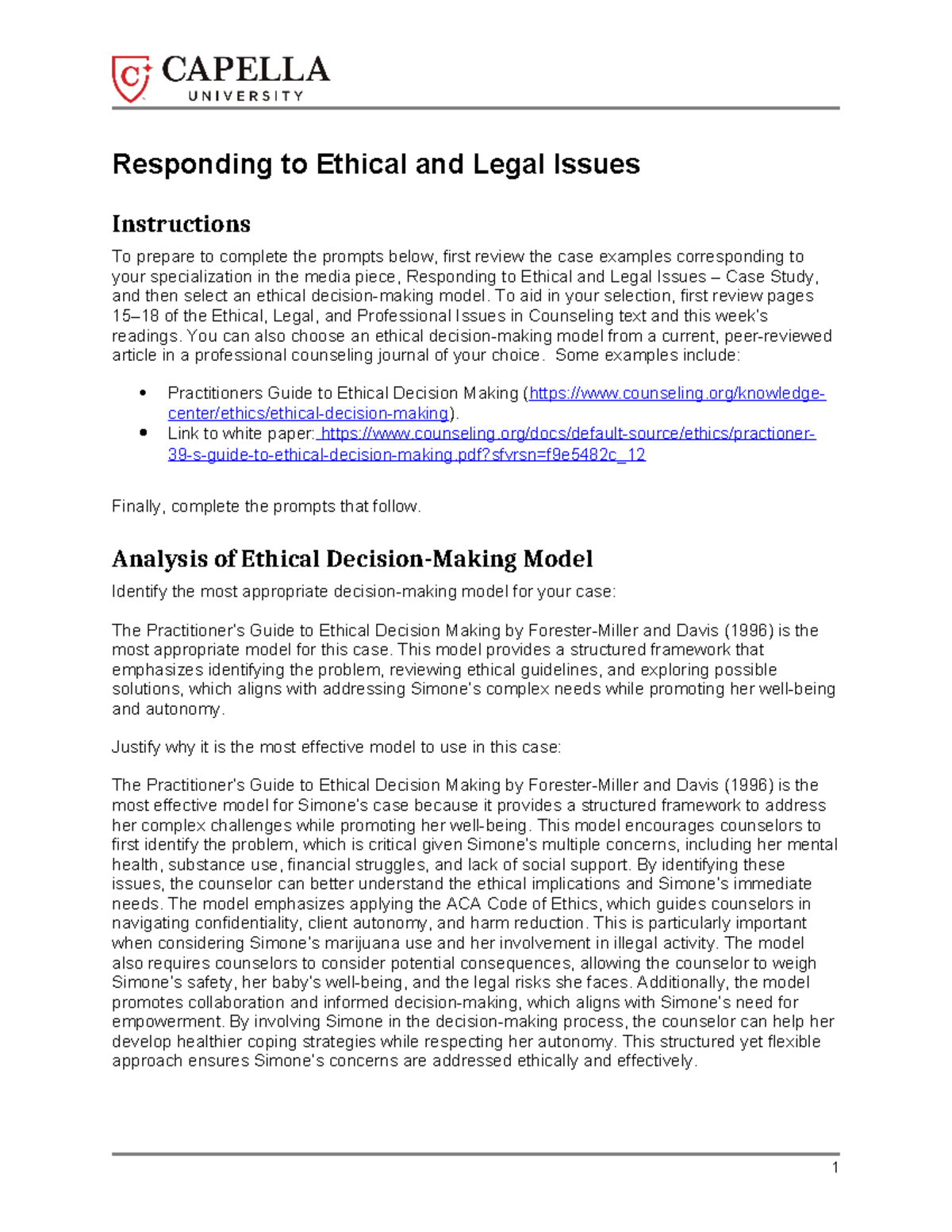 Coun5217 Week 9 - Ethical Decision-Making Model Analysis and ...