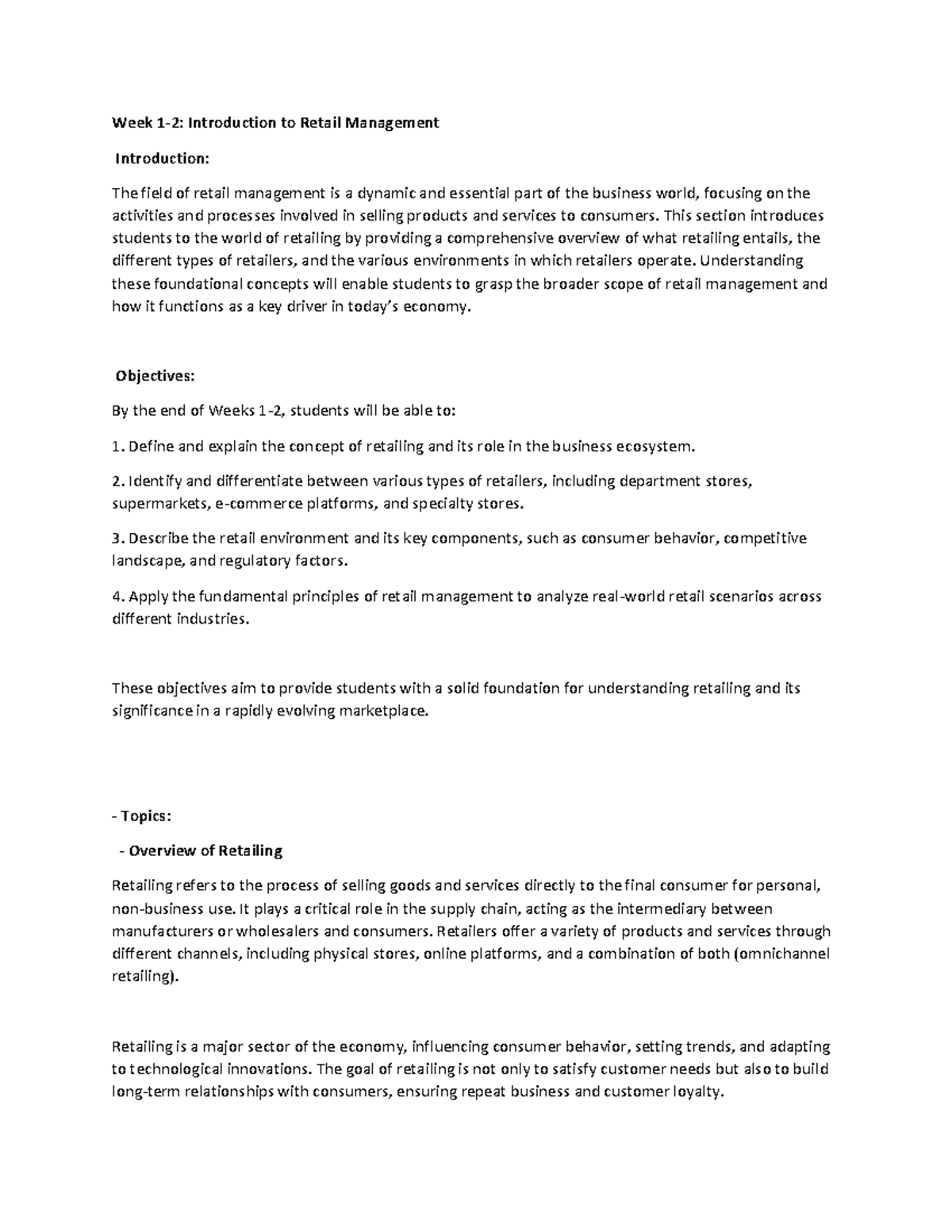 Week 1-2: Intro to Retail Management Concepts and Practices - Studocu
