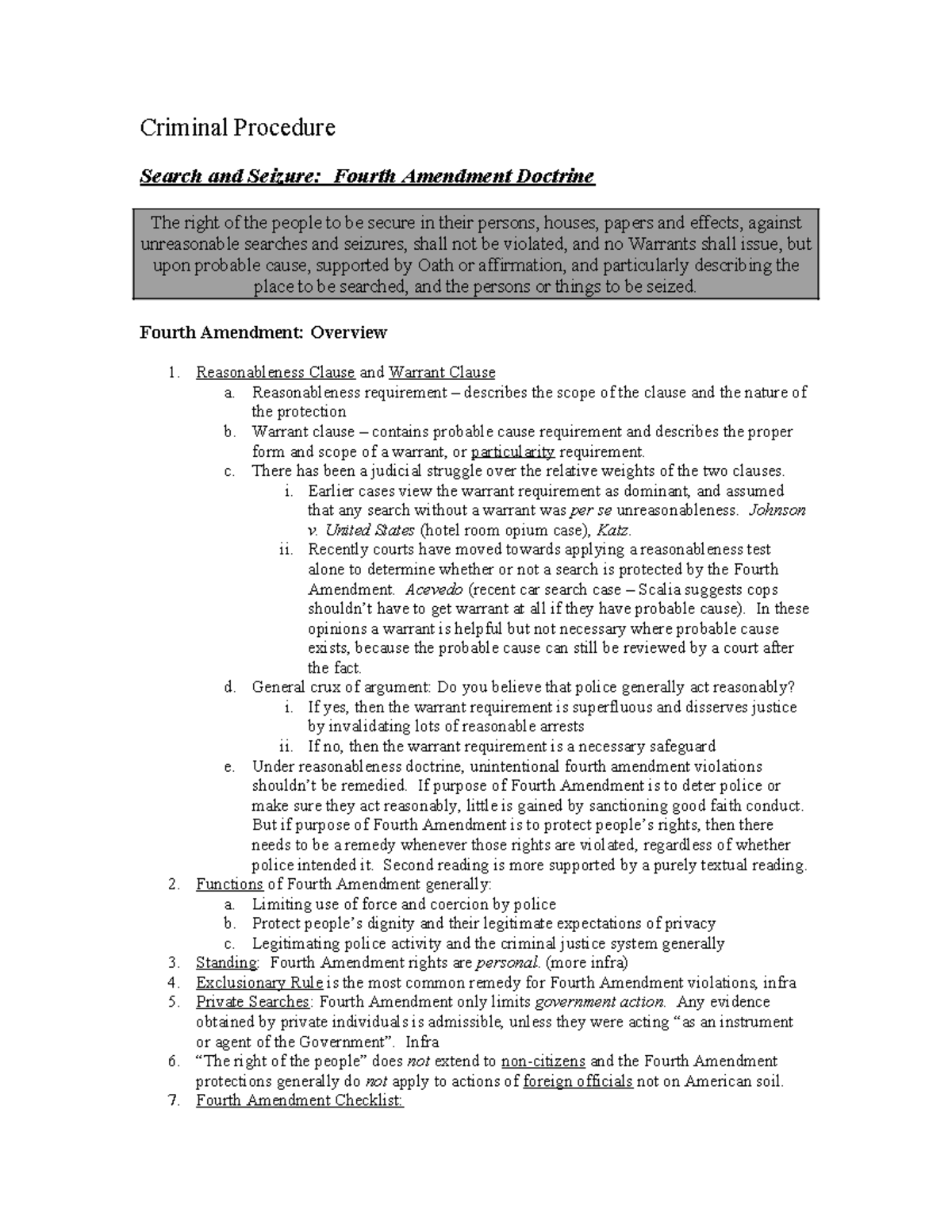Crim Pro Outline: Search & Seizure Under the Fourth Amendment - Studocu