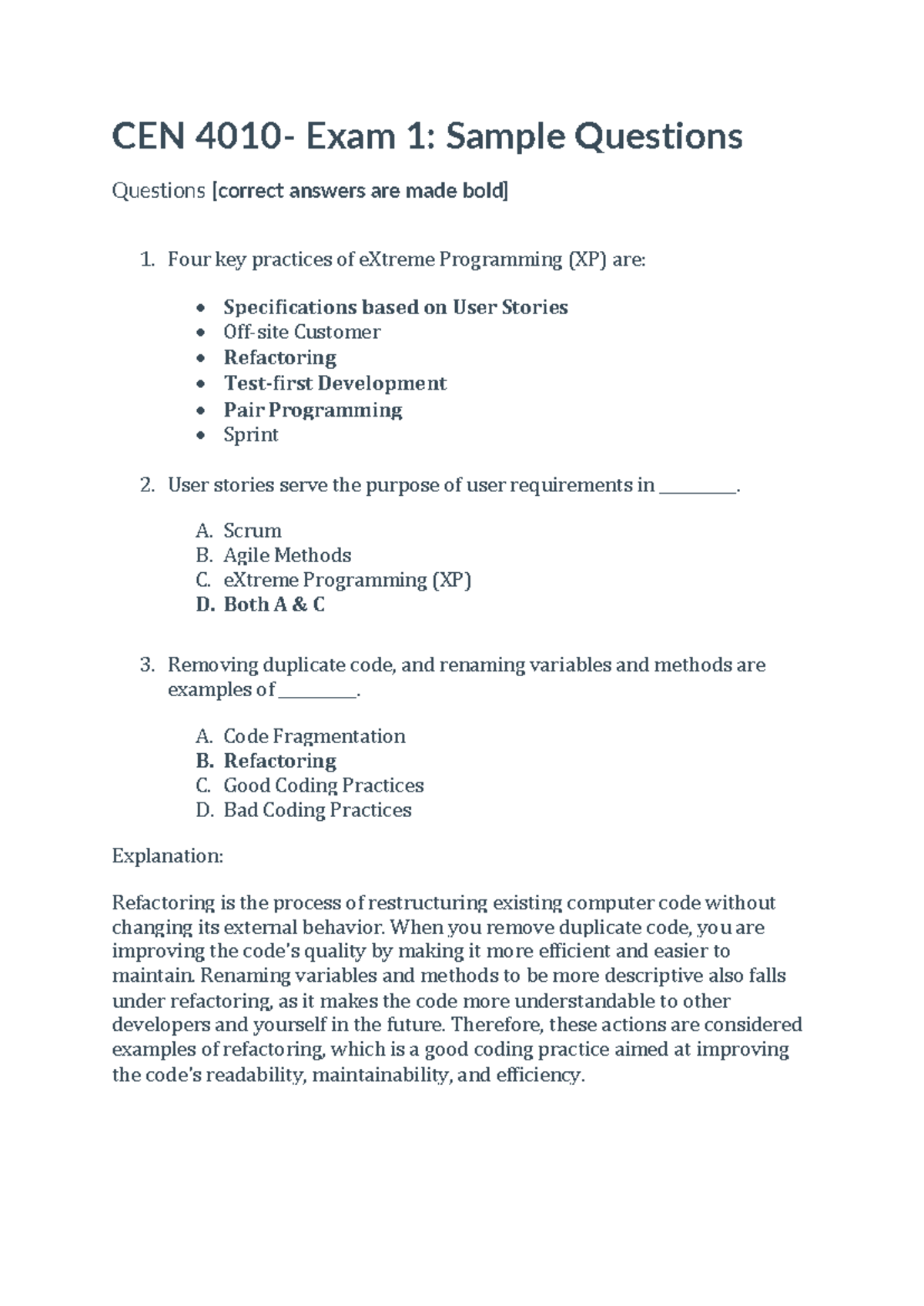CEN 4010 - Exam 1: Sample Questions on Agile and Software Development ...