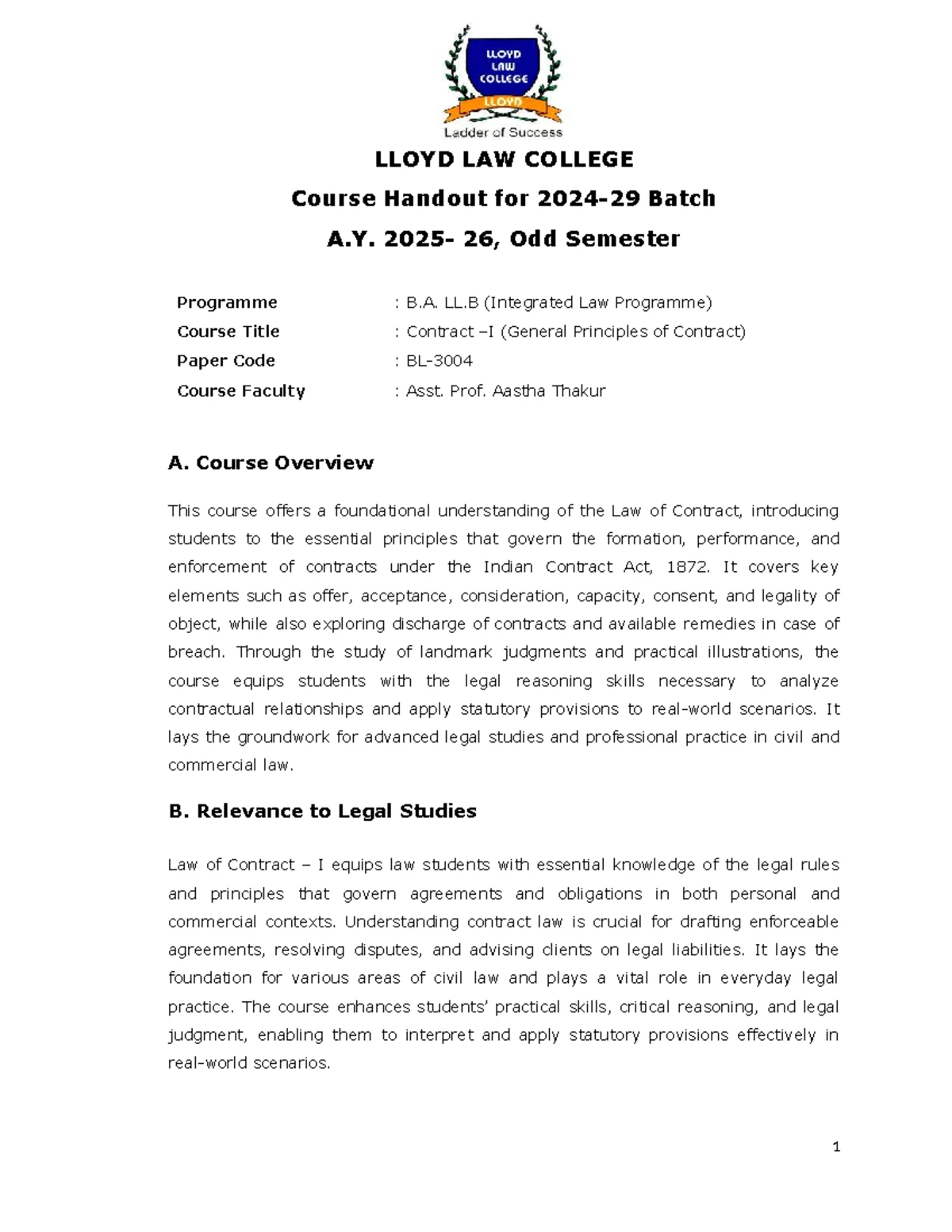 LSL Contract Law I Course Handout (A.Y. 2024-2029) - Studocu