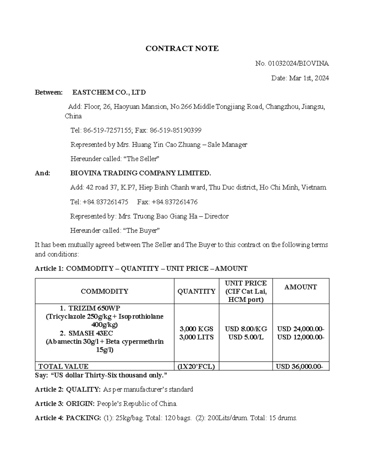 Contract NOTE - CONTRACT NOTE No. 01032024/BIOVINA Date: Mar 1st, 2024 ...