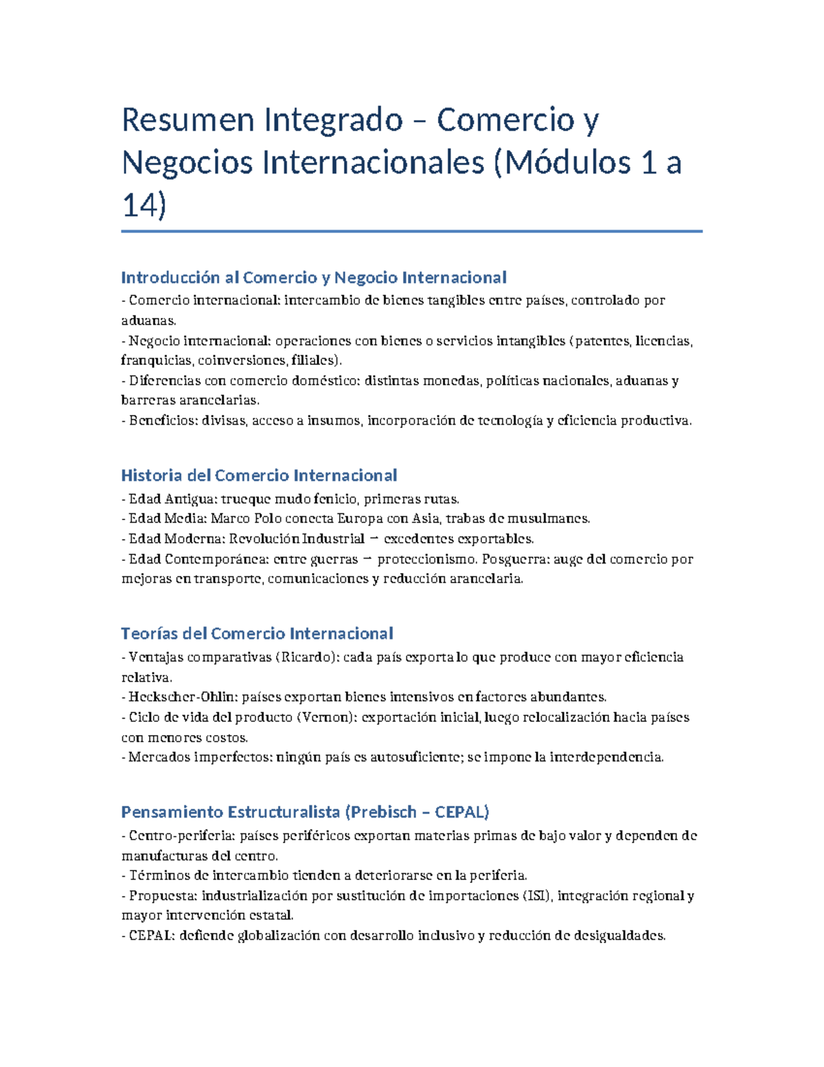 Resumen Integrado Comercio y Negocios Internacionales (Módulos 1-14 ...