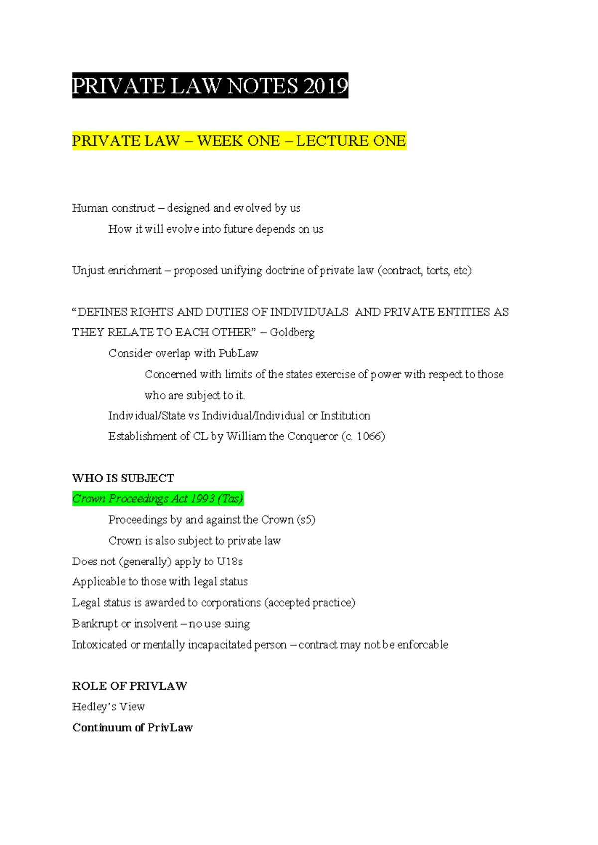 Private Law Lecture Notes (2019) - Key Concepts & Case Studies - Studocu