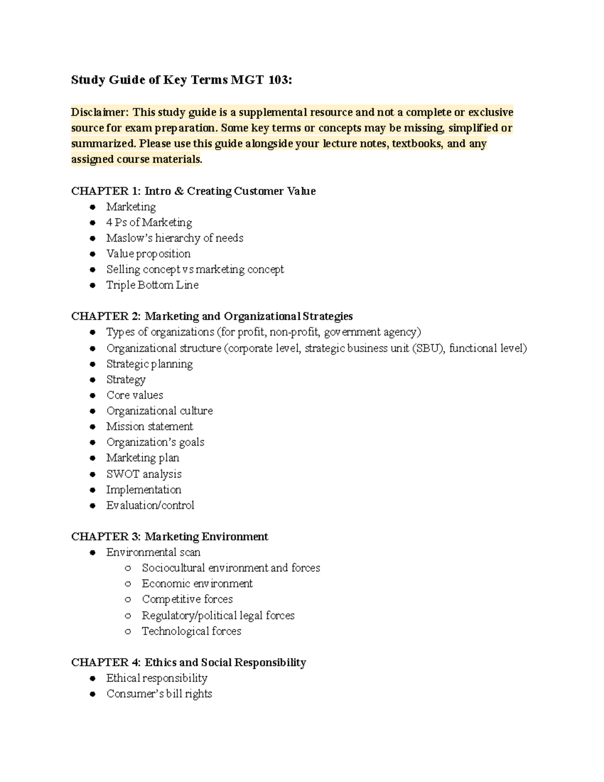 Key Terms Study Guide for MGT 103 Final Exam - Studocu