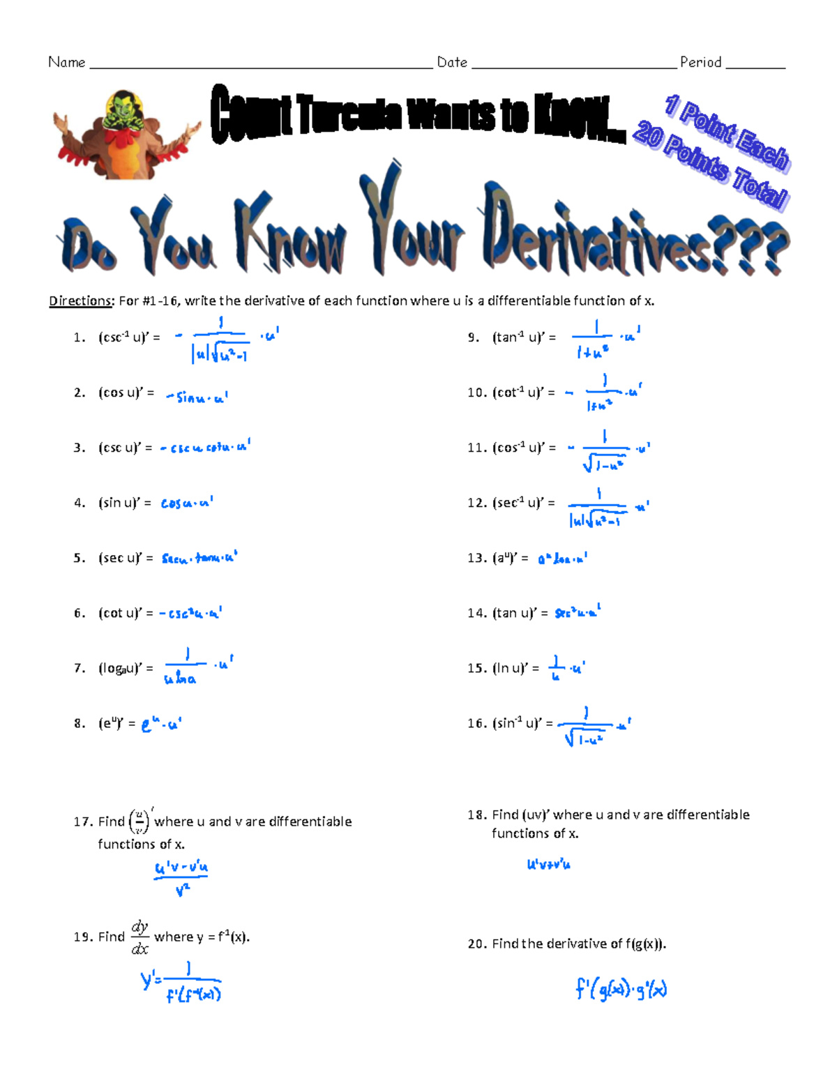 Derivatives+Formulas+Quiz+KEY 2 - Name ...