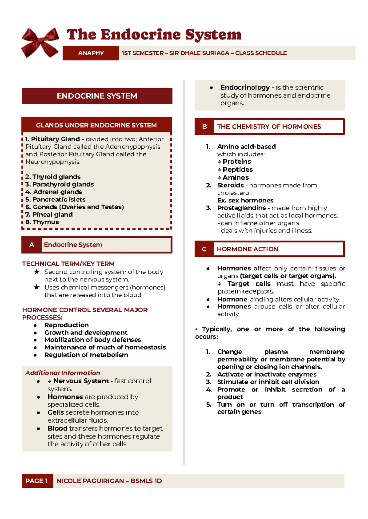 ANAPHY 1ST SEMESTER: Overview of the Endocrine System and Hormones ...