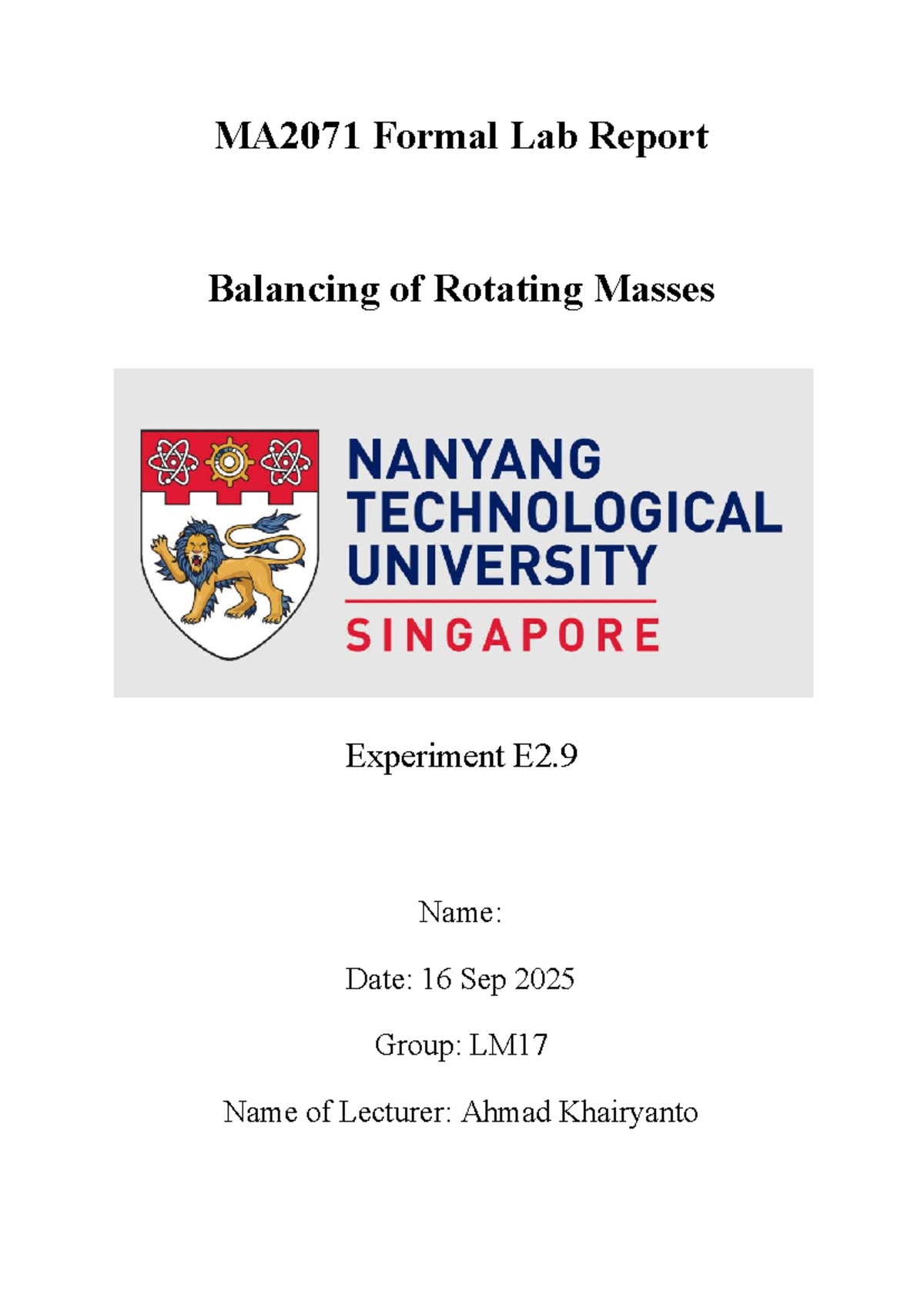 MA2071 Lab Report: Balancing of Rotating Masses Experiment E2.9 - Studocu