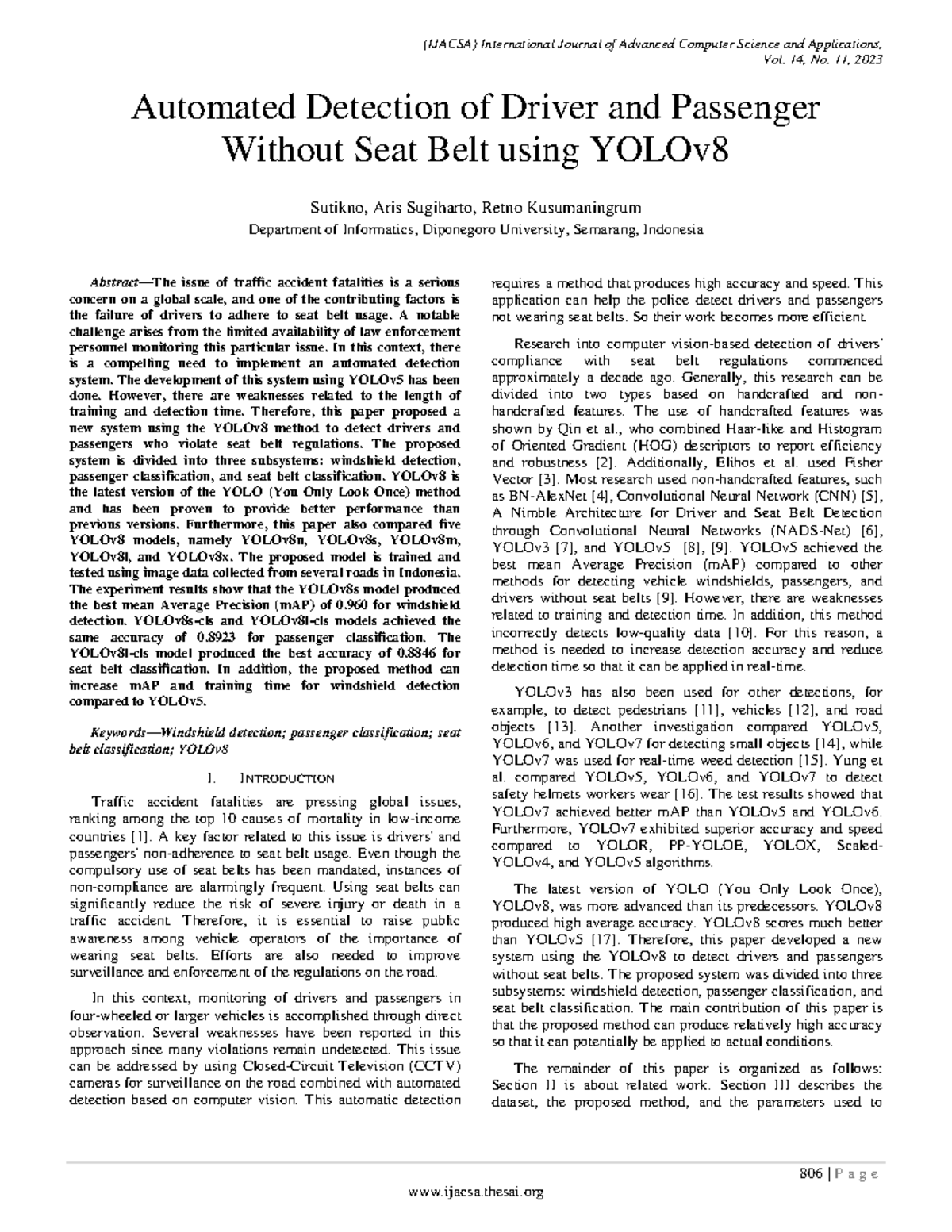 Automated Detection of Seat Belt Violations Using YOLOv8 (IJACSA) - Studocu