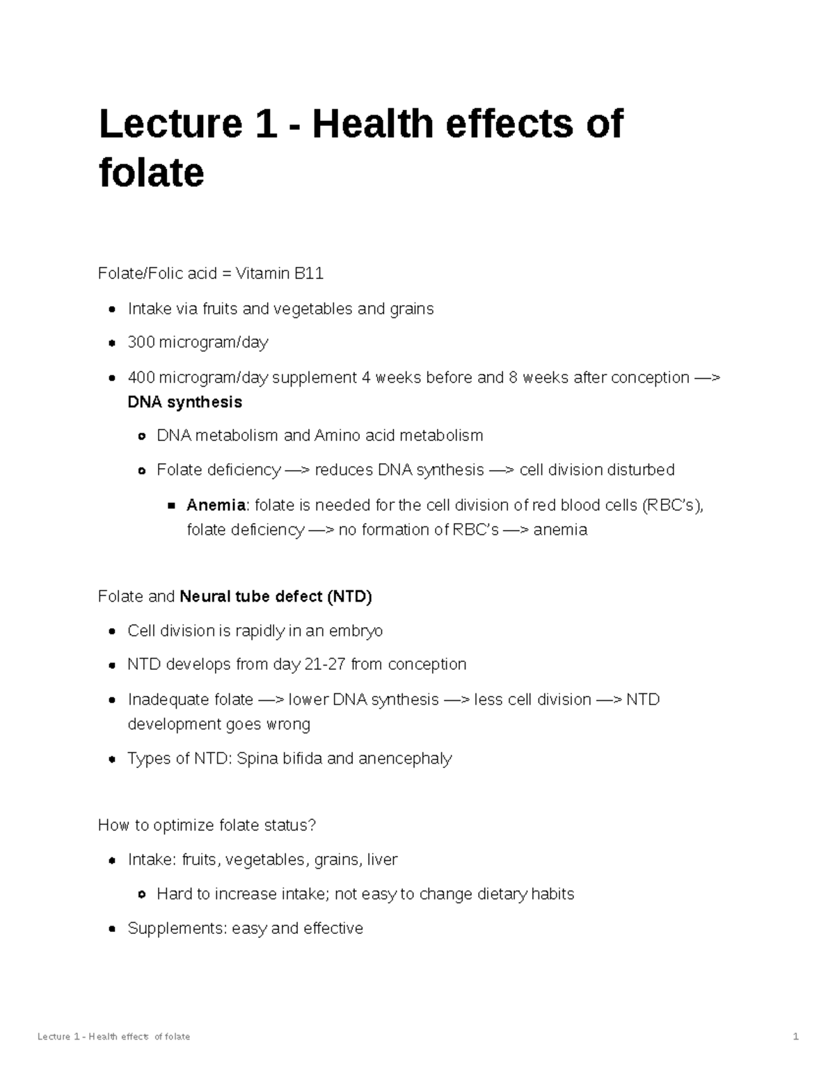 Lecture 1 - The Impact of Folate on Health and Disease Risk - Studeersnel