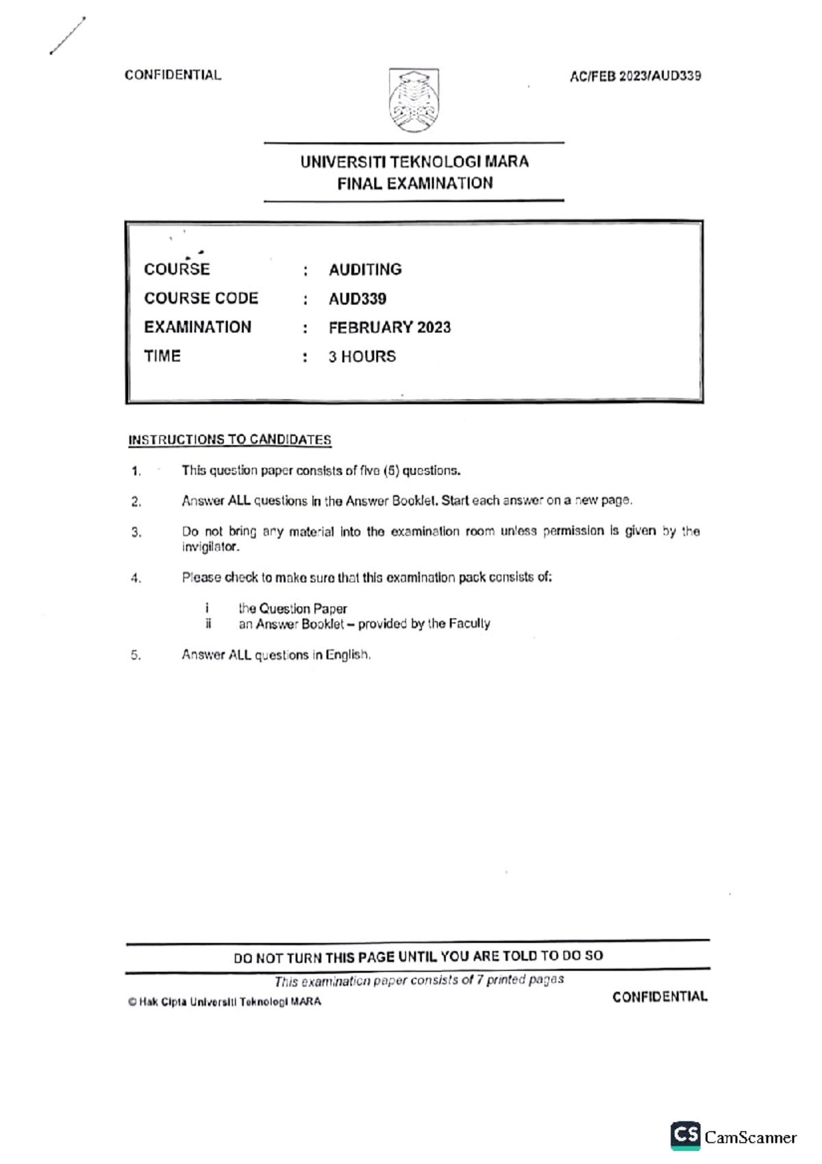 AUD339 Final Exam Questions - Auditing (Feb 2023) - Studocu
