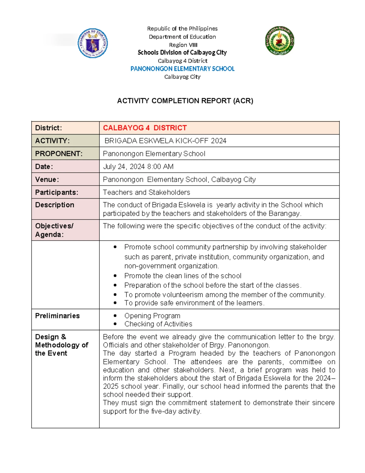 ACR-PES Oplan Balik Eskwela 2024 Activity Completion Report - Studocu
