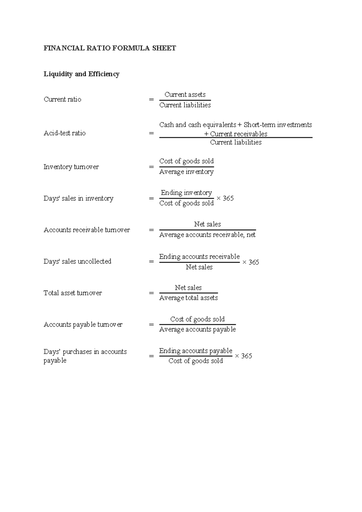 ACC202 Financial Ratios Formula Sheet: Key Metrics Overview - Studocu