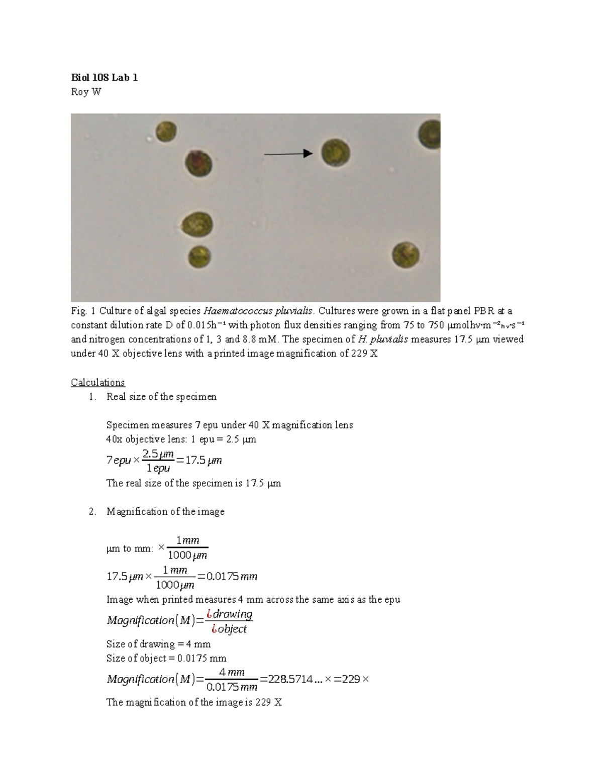 BIOL 108 LAB 1 - BIOL 108 Practical 1 - Biol 108 Lab 1 Roy W Fig. 1 ...