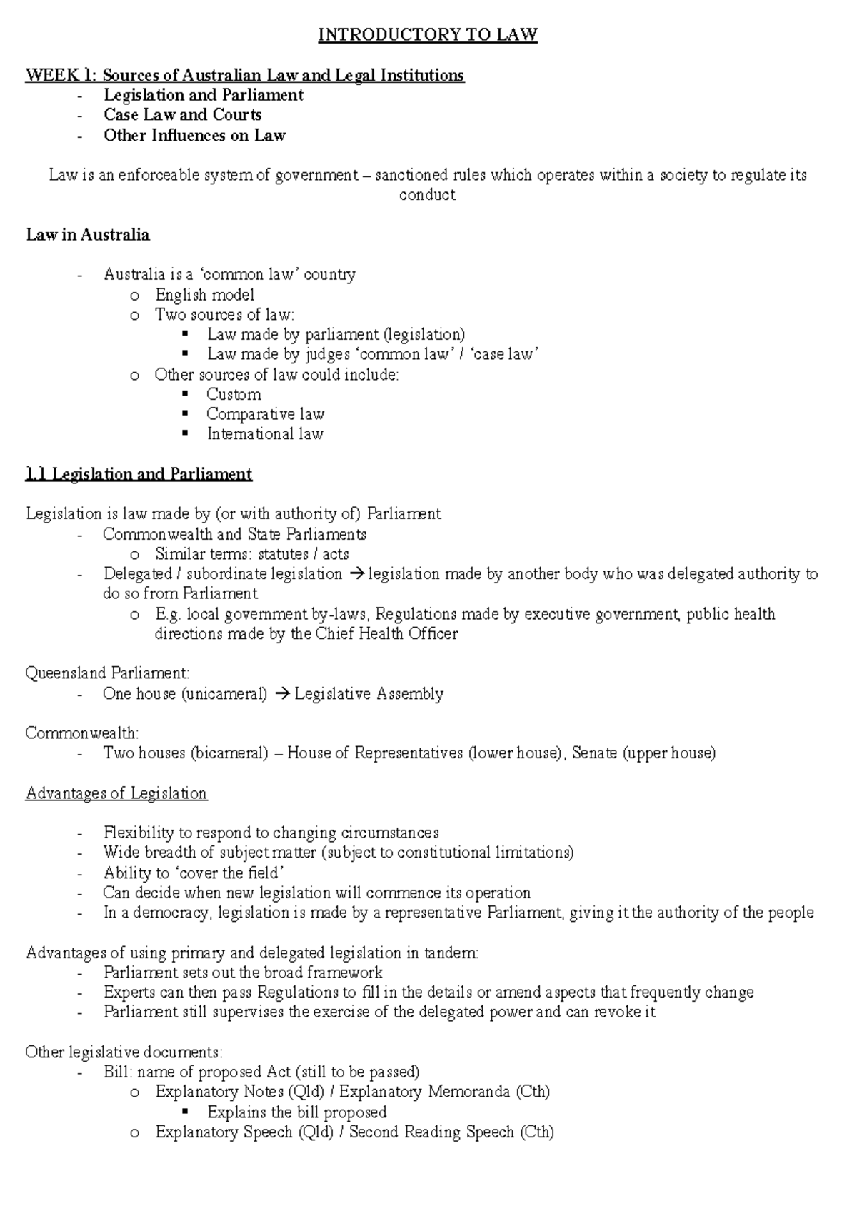 Introductory to Law - LLB101 Lecture Notes: Week 1 Overview - Studocu