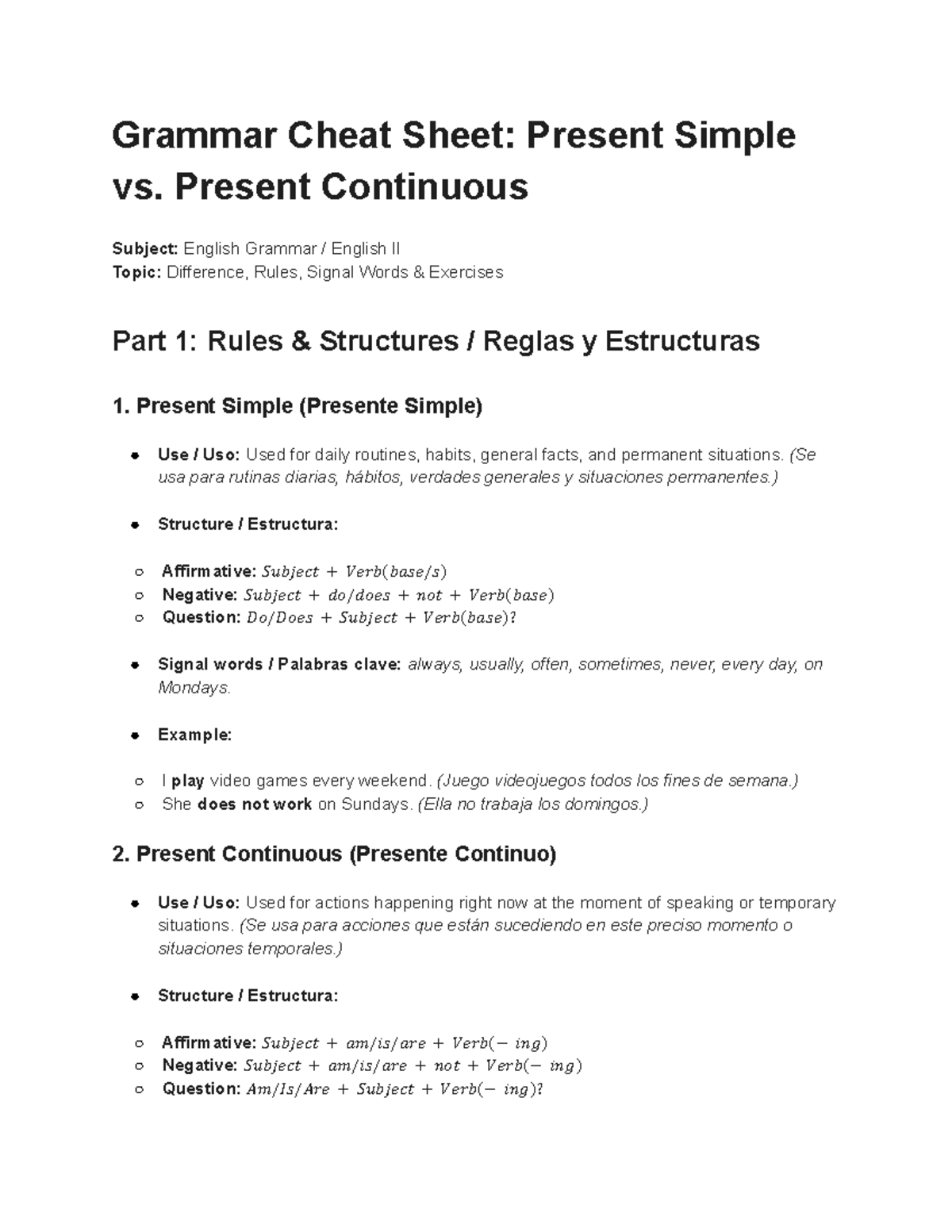 Inglés II: Present Simple vs. Present Continuous Cheat Sheet - Studocu
