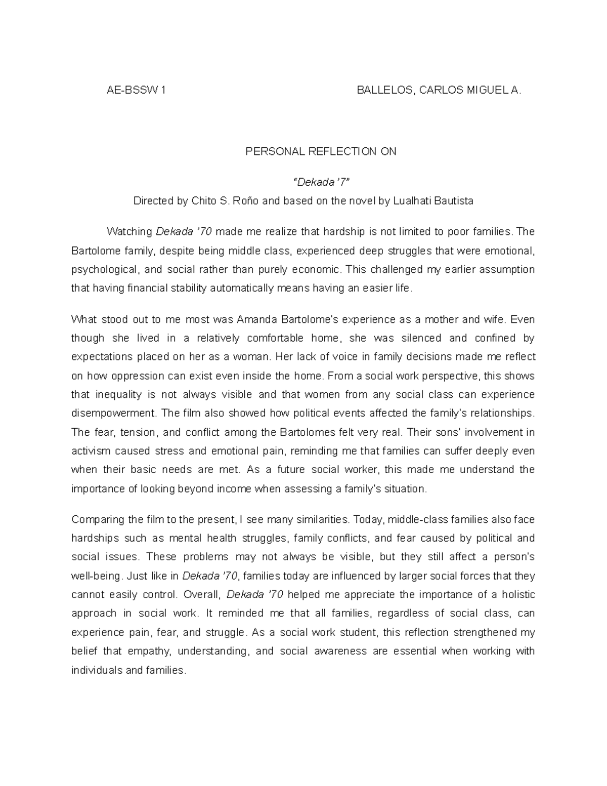Reflection Paper on Dekada: Insights for Social Work - NCIEHF - Studocu