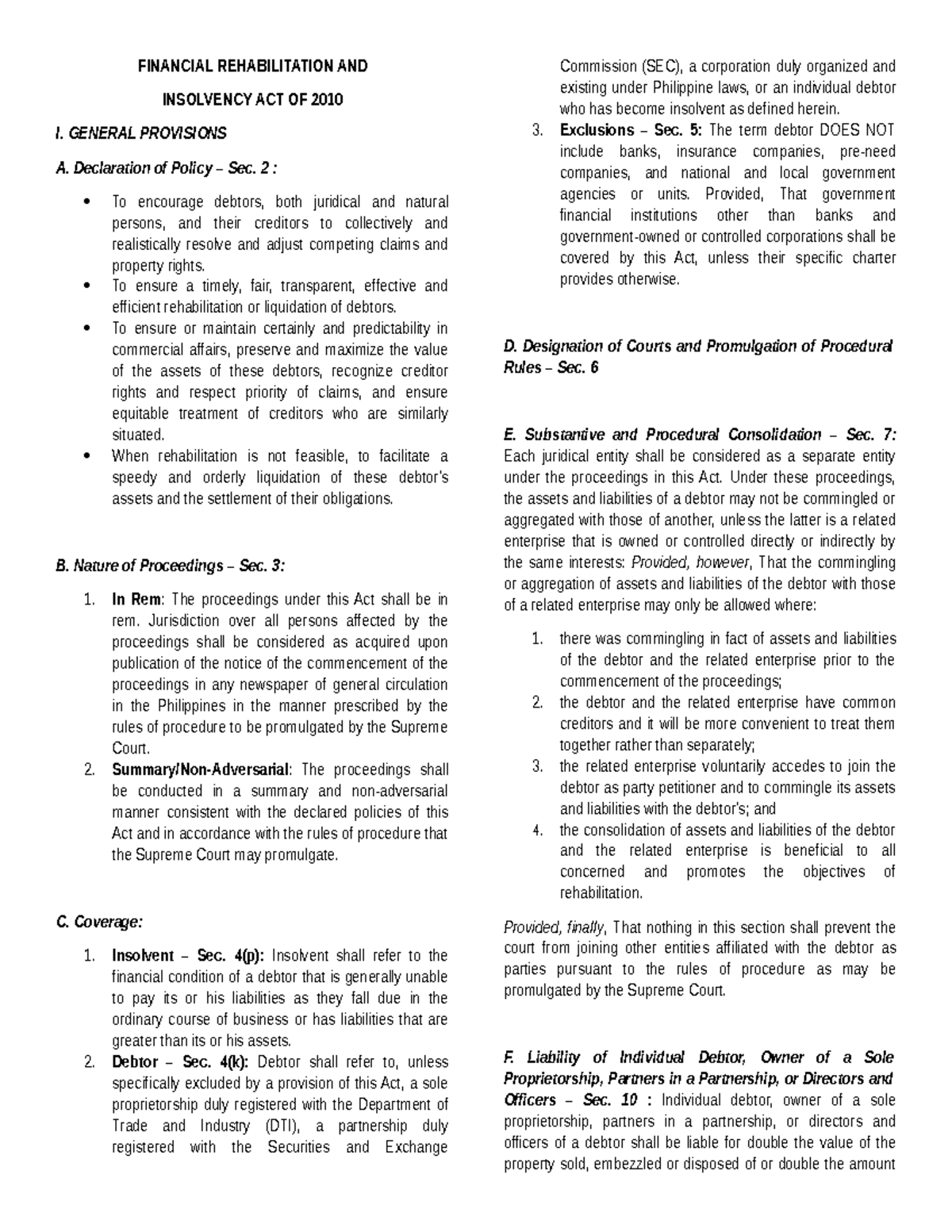 FRIA - Lecture Notes on the Financial Rehabilitation Act of 2010 - Studocu