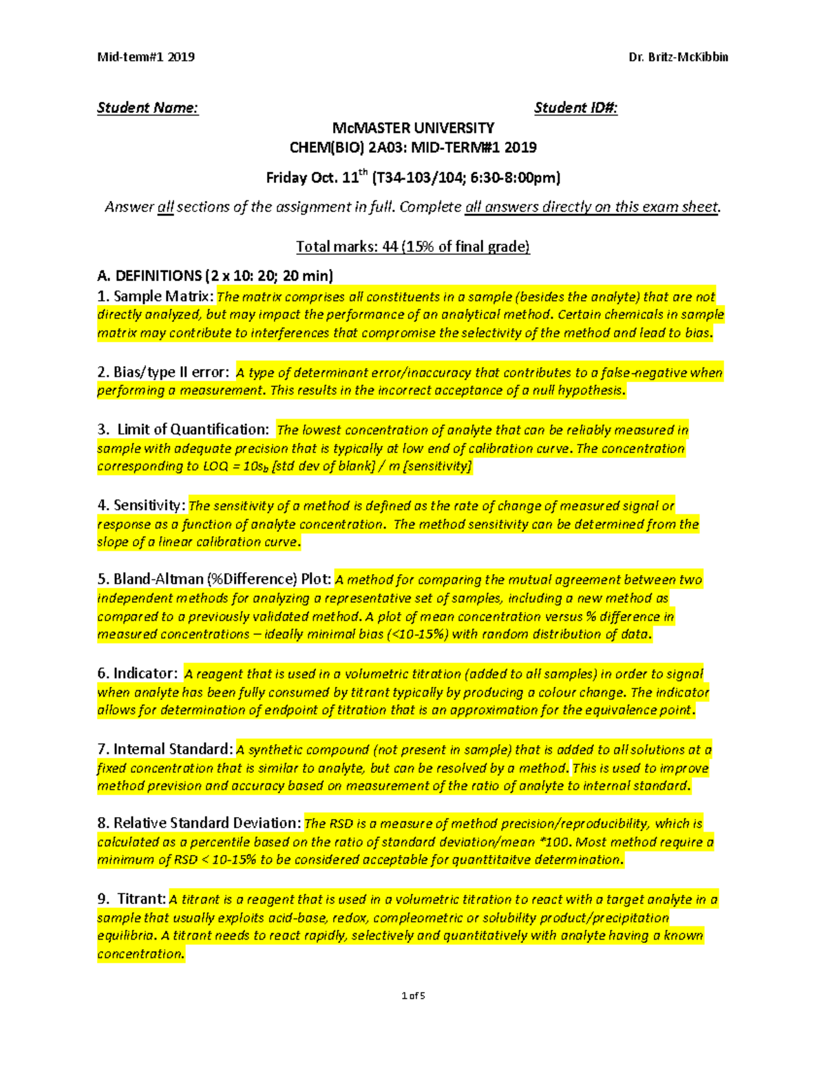 Chem(Bio) 2A03 Mid-Term Exam Questions & Answers - Oct 11, 2019 - Studocu