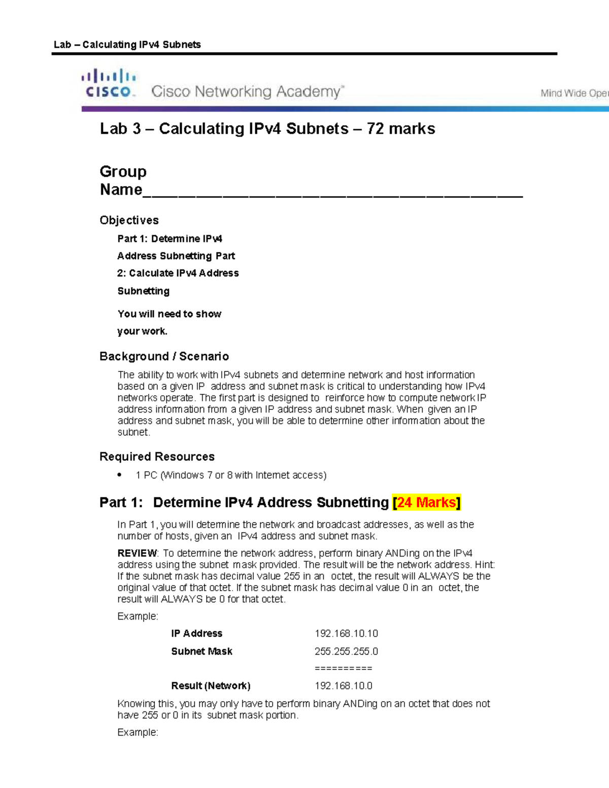 Lab 3: IPv4 Subnetting Calculations for Networking Concepts - Studocu