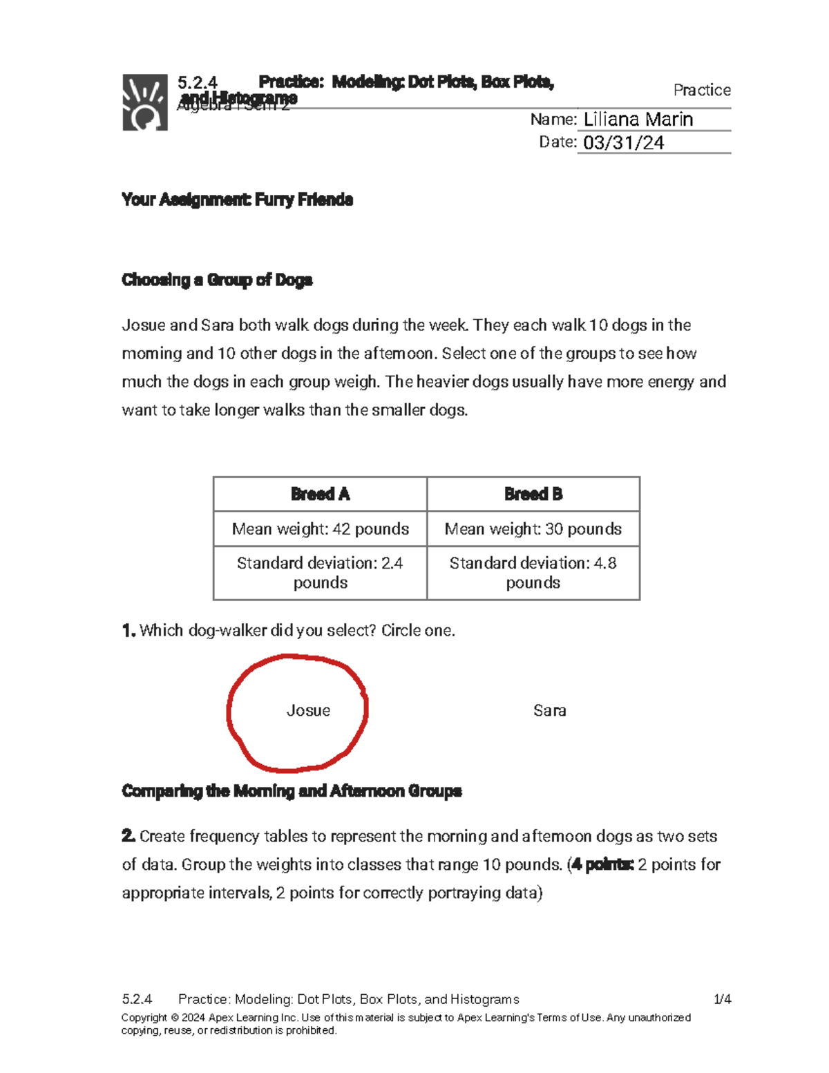 5.2.4 Algebra I Practice - Modeling Dot Plots, Box Plots, Histograms ...